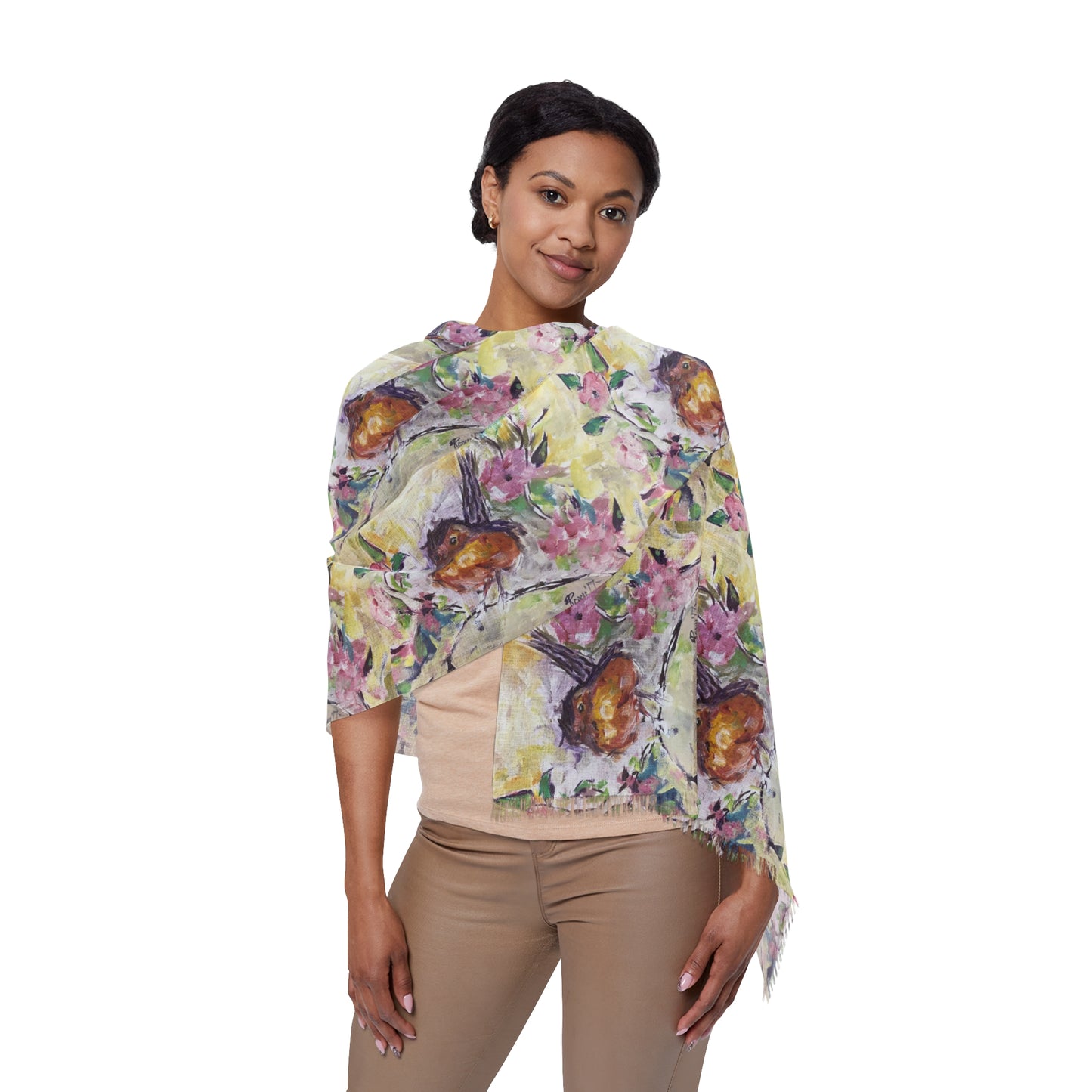 Colorful Scarf — Artistic Lightweight Neck Wrap- Abstract Robin in Cherry Blossoms