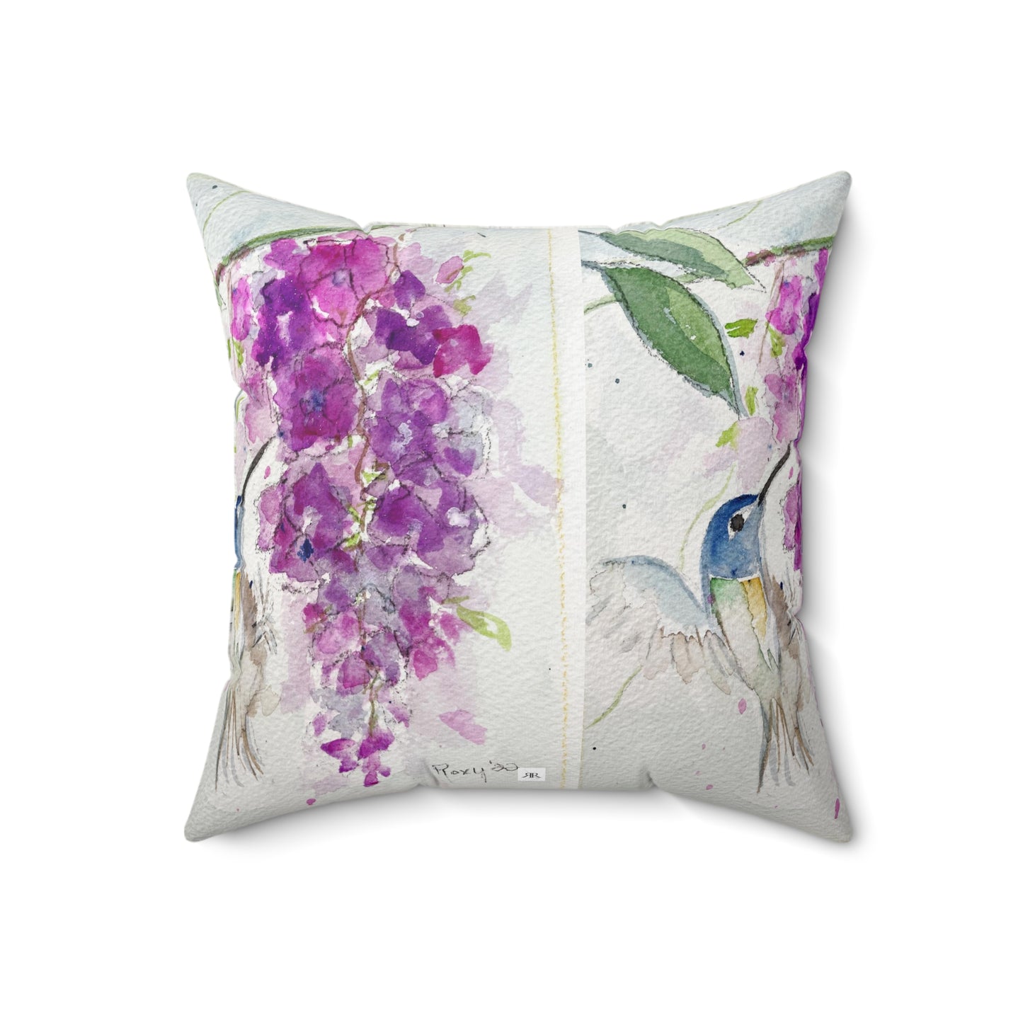 Hummingbird with Pink Wisteria Indoor Spun Polyester Square Pillow
