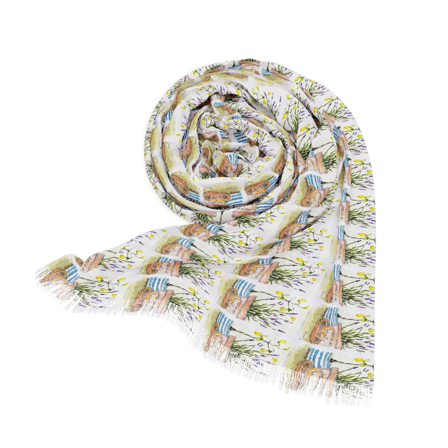 Colorful Scarf — Artistic Lightweight Neck Wrap- Lemons and Lavender