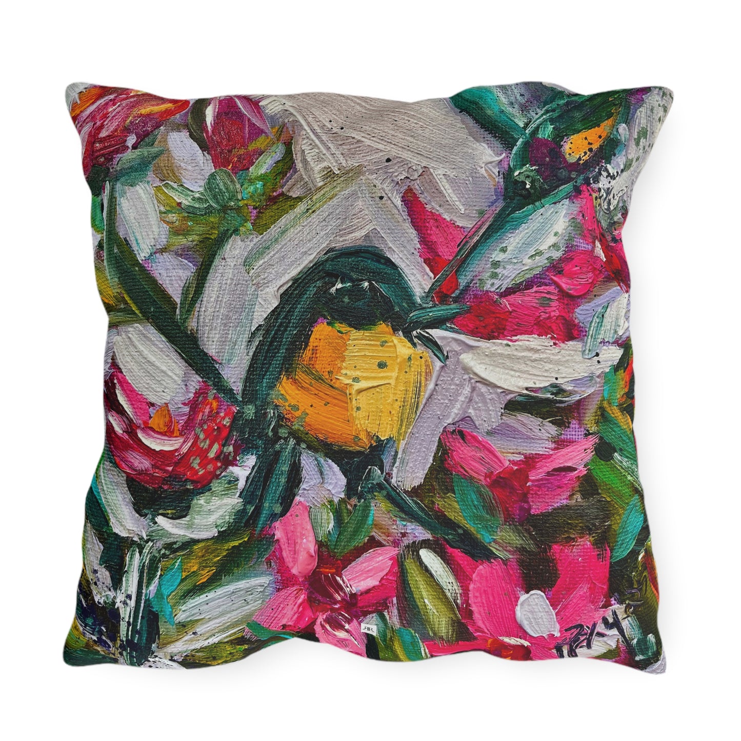 Outdoor Pillows-Colorful Encounter Goldfinch and Hummingbird