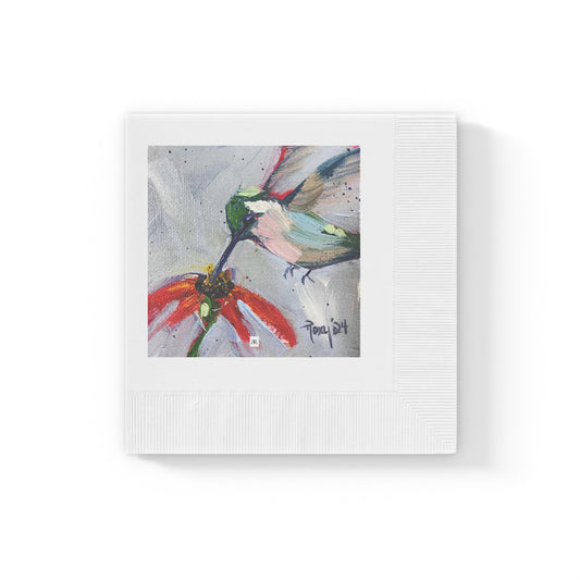 Servilletas acuñadas de color blanco y colibrí en una equinácea