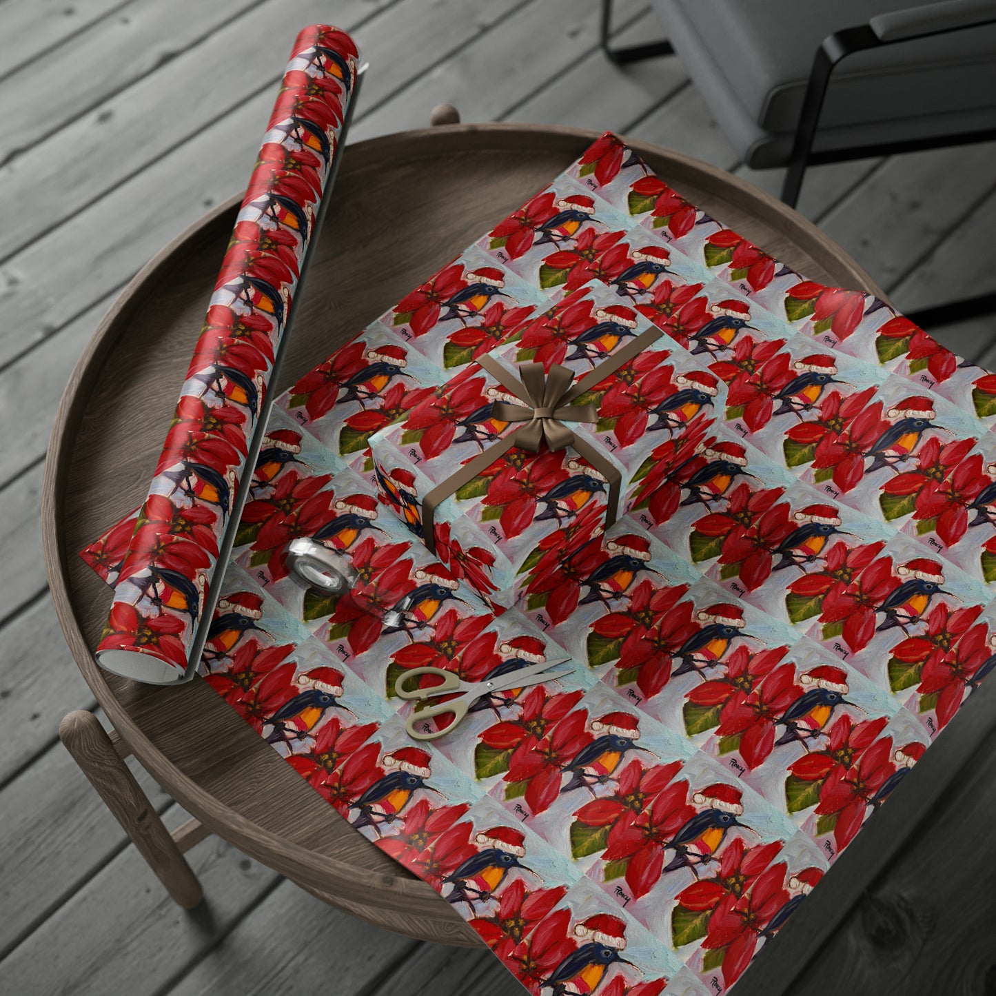 Holiday Hummingbird with Santa Hat and Poinsettias (3 Sizes) Wrapping Papers