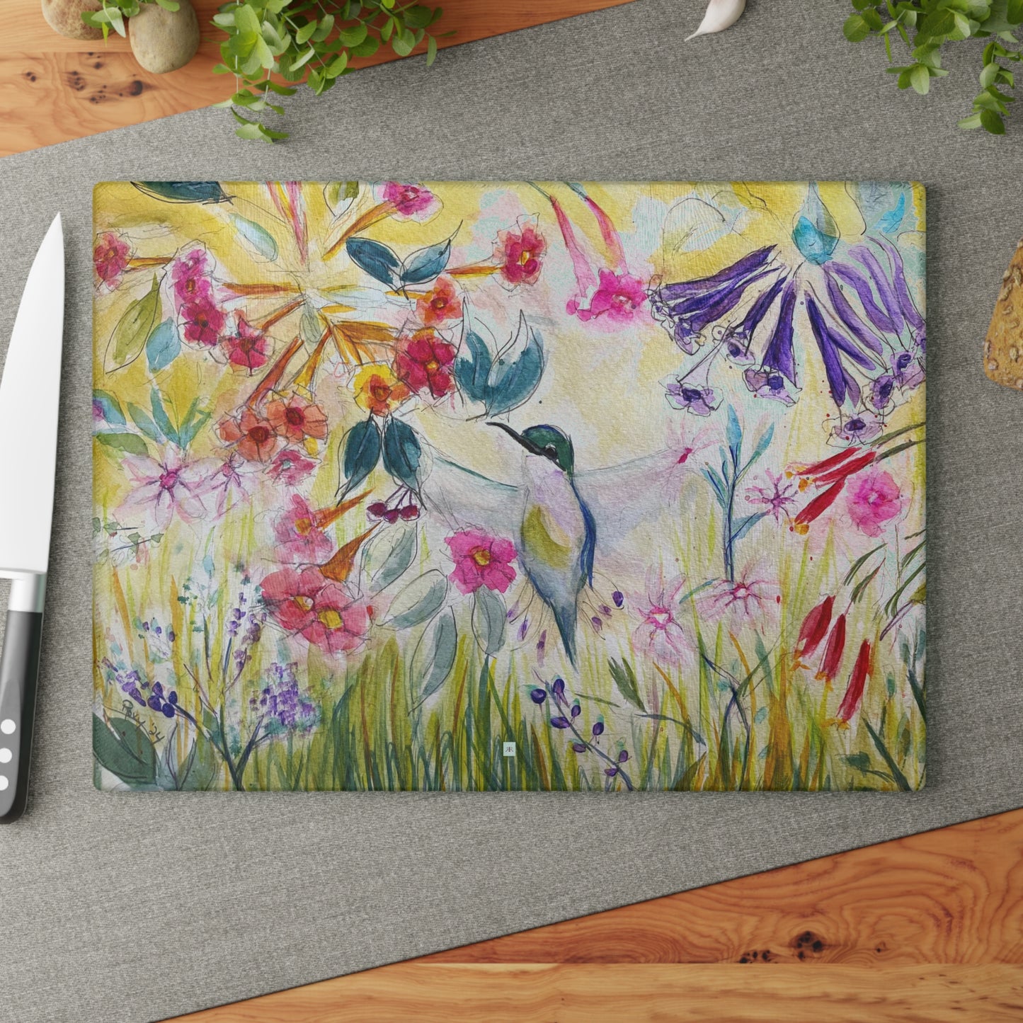 Hummingbird in Tube Flower Garden Glass Cutting Board