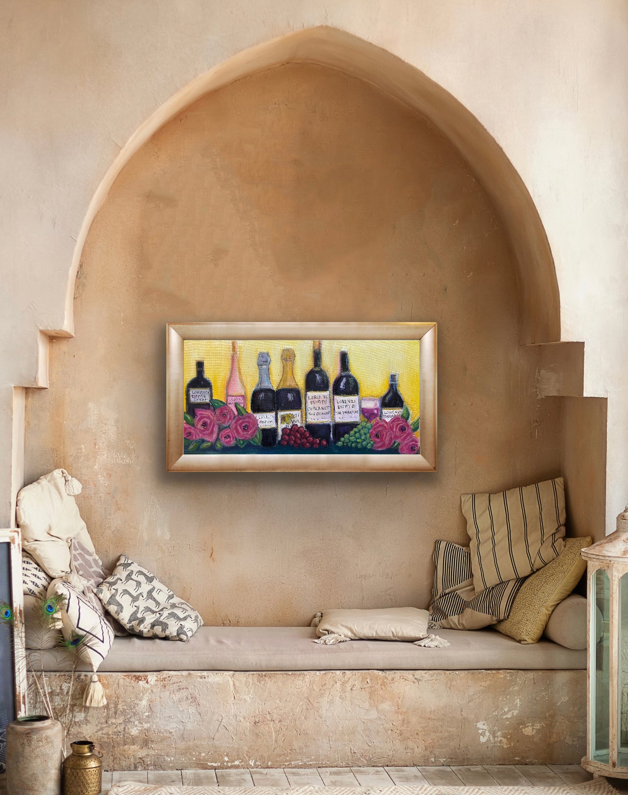 Lorenzi Estate Wine and Roses-Original Oil Pastel Painting 10 x 20 Framed