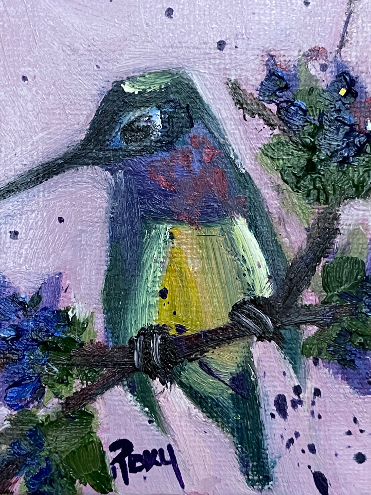 Linda pequeña pintura al óleo original de colibrí en miniatura con soporte