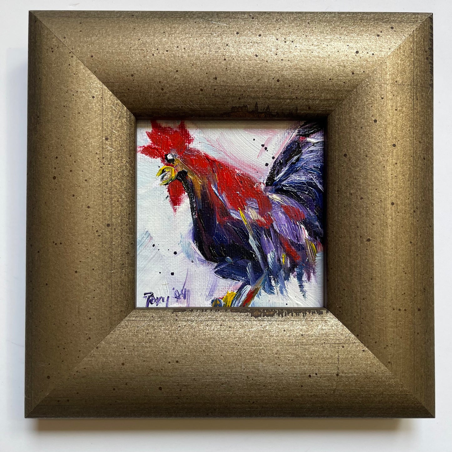 As the Rooster Crows Original Oil Painting 4x4 Framed