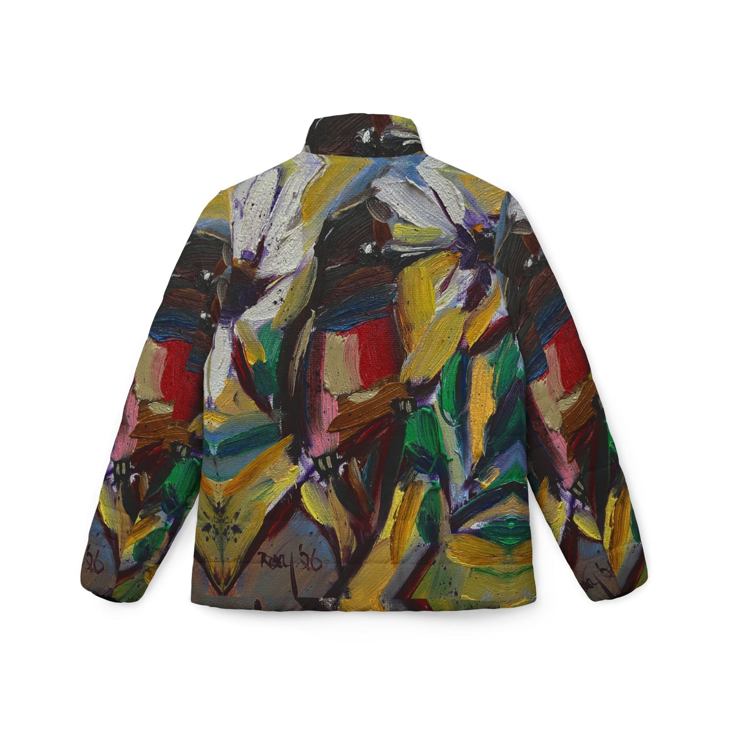 Women's Puffer Jacket - Roxy Rich Fine Art Design-Stained Glass House Finch