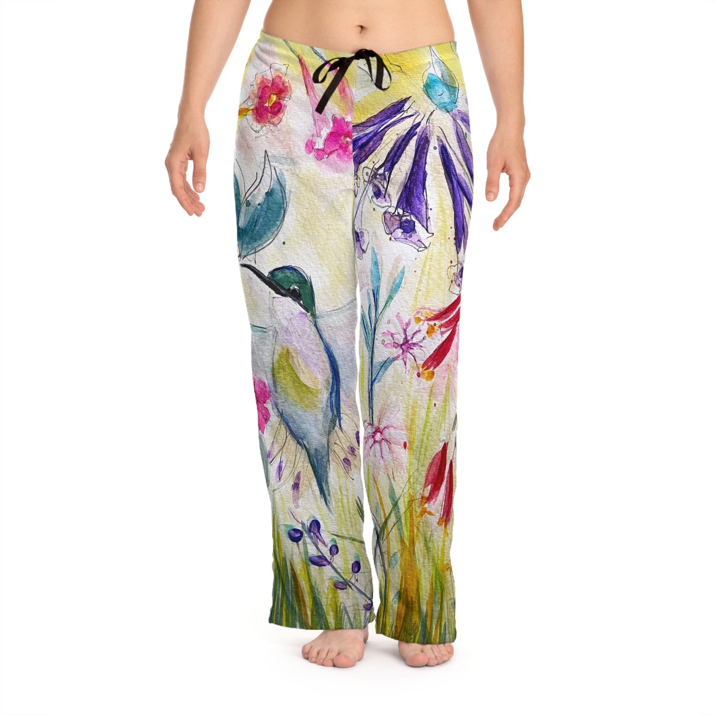 Pajama Pants - Hummingbird in a Tube Flower Garden- Women's Pajama Pants