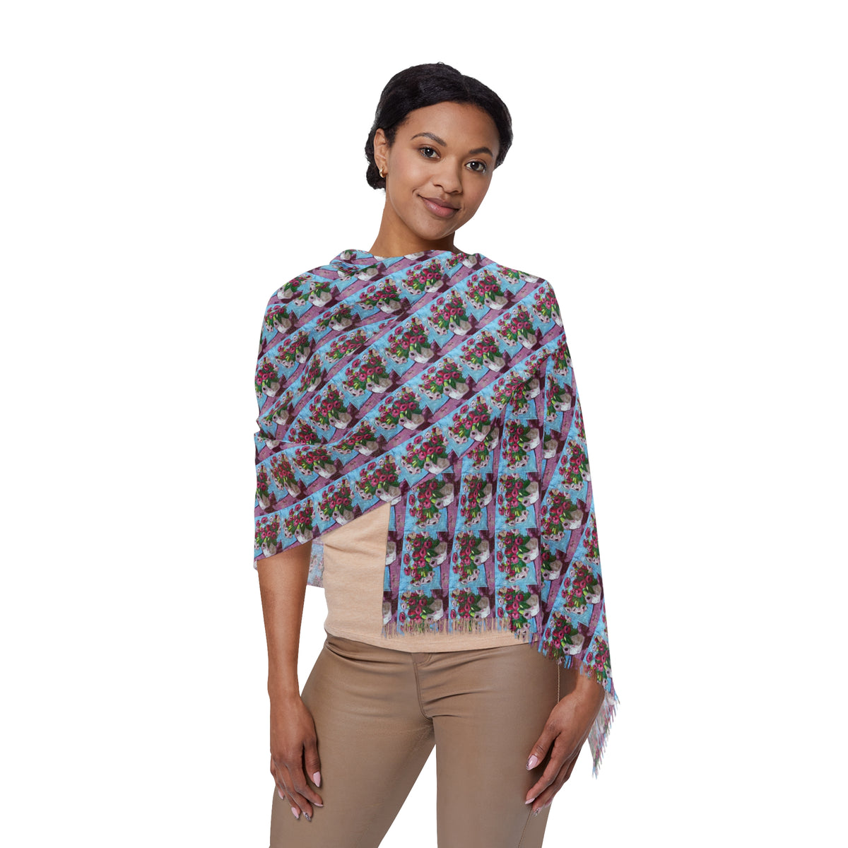 Colorful Scarf — Artistic Lightweight Neck Wrap- Blushing Blooms Soft Roses