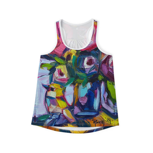 Women's Racerback Tank Top-Abstract Roses and Tit Bird