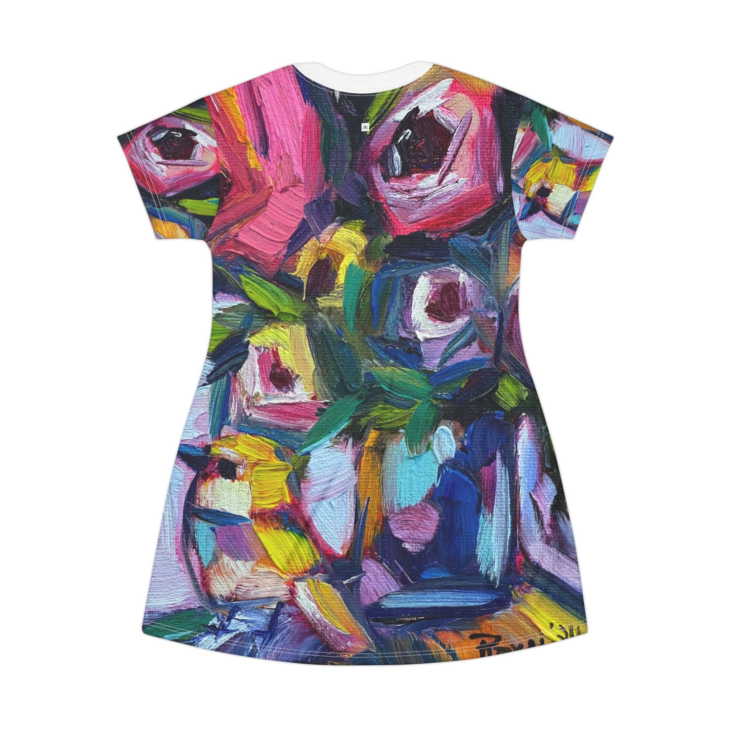 T-Shirt Dress (AOP)-Abstract Roses and Tit Bird