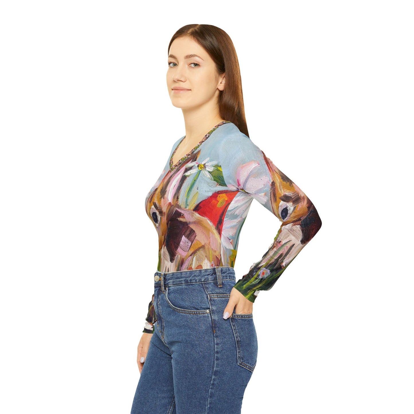 Long Sleeve Shirt- Bunny in the Garden- V-neck Women's