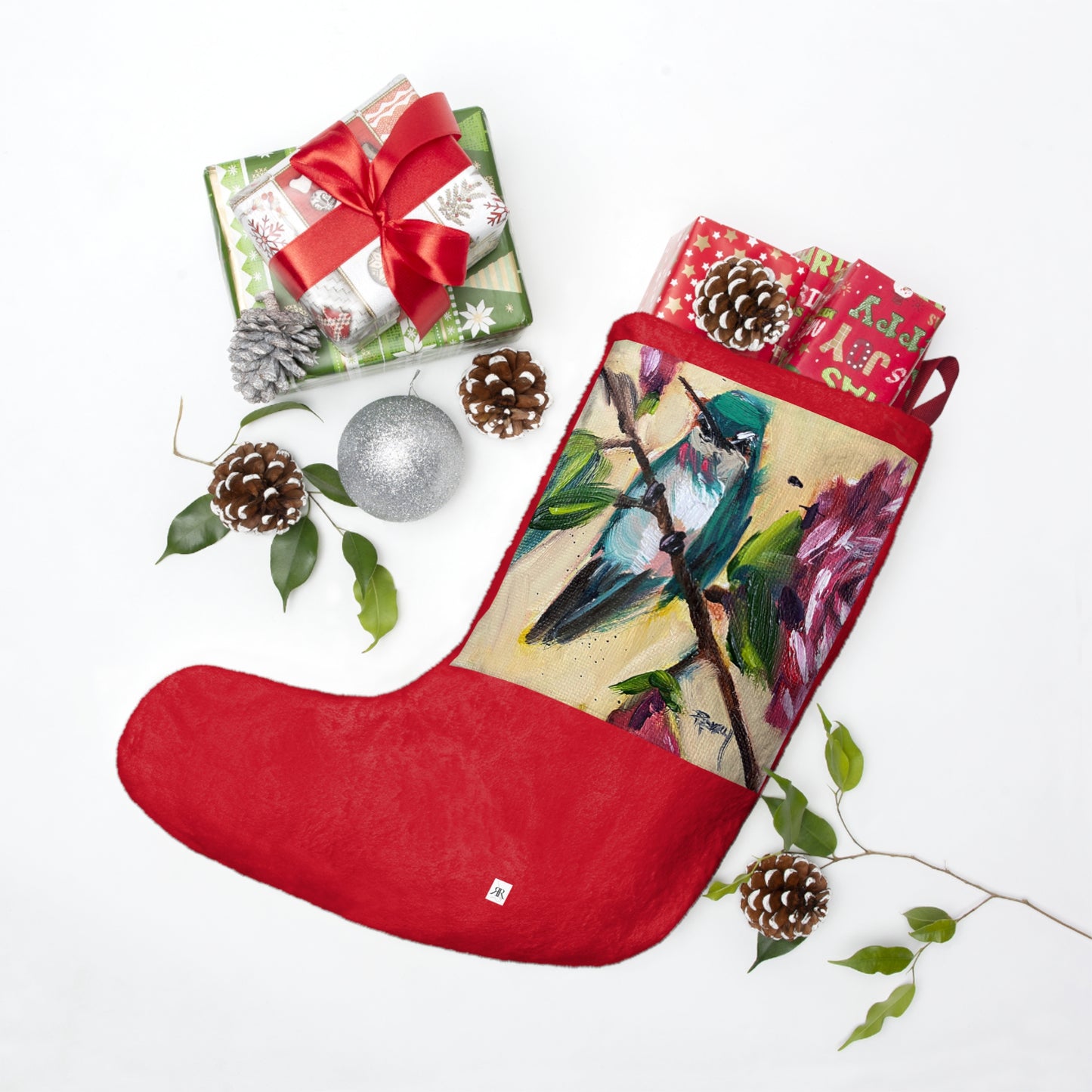 Hummingbird on a Rose Bush Christmas Stocking