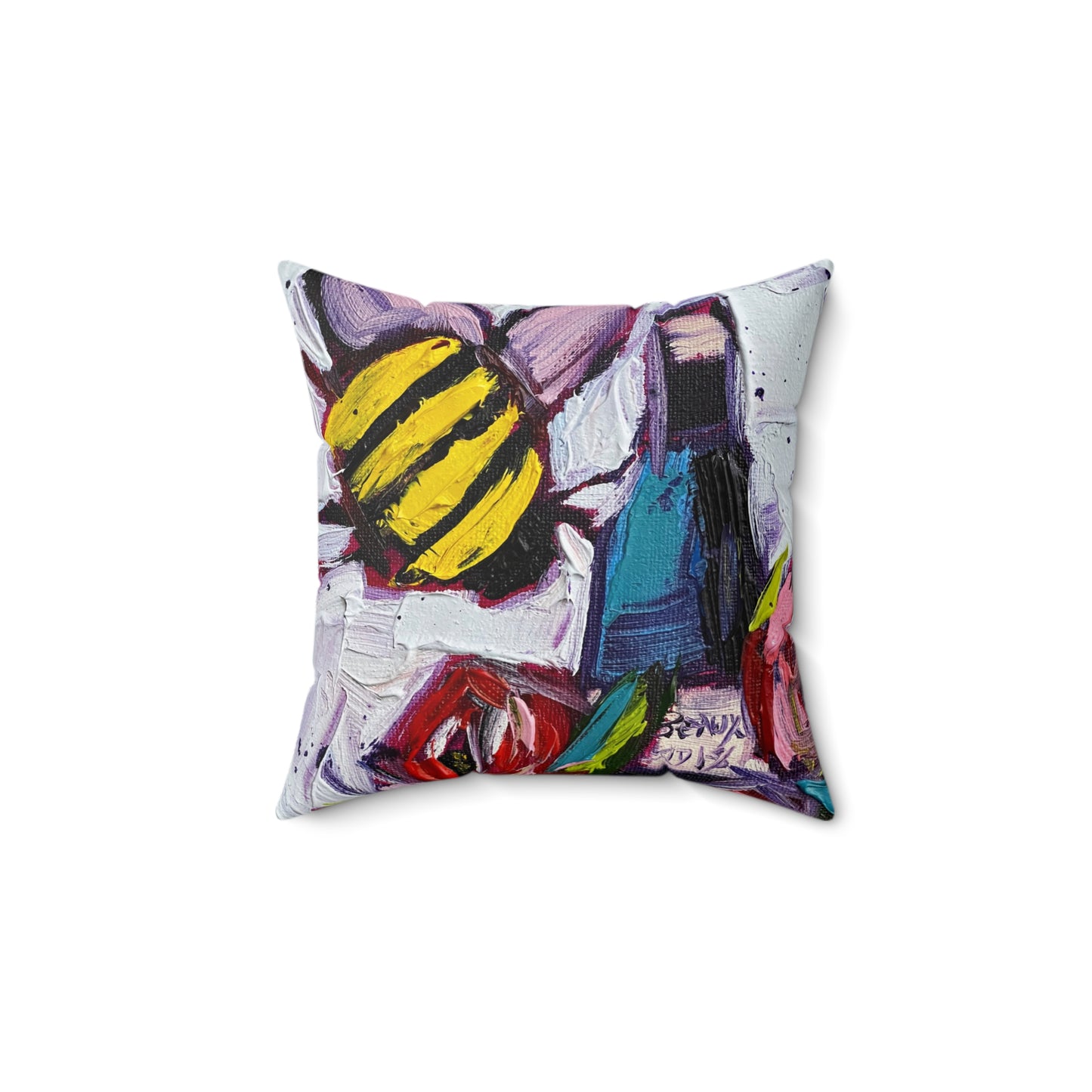 Bee Happy Wine Bee and Roses Indoor Spun Polyester Square Pillow