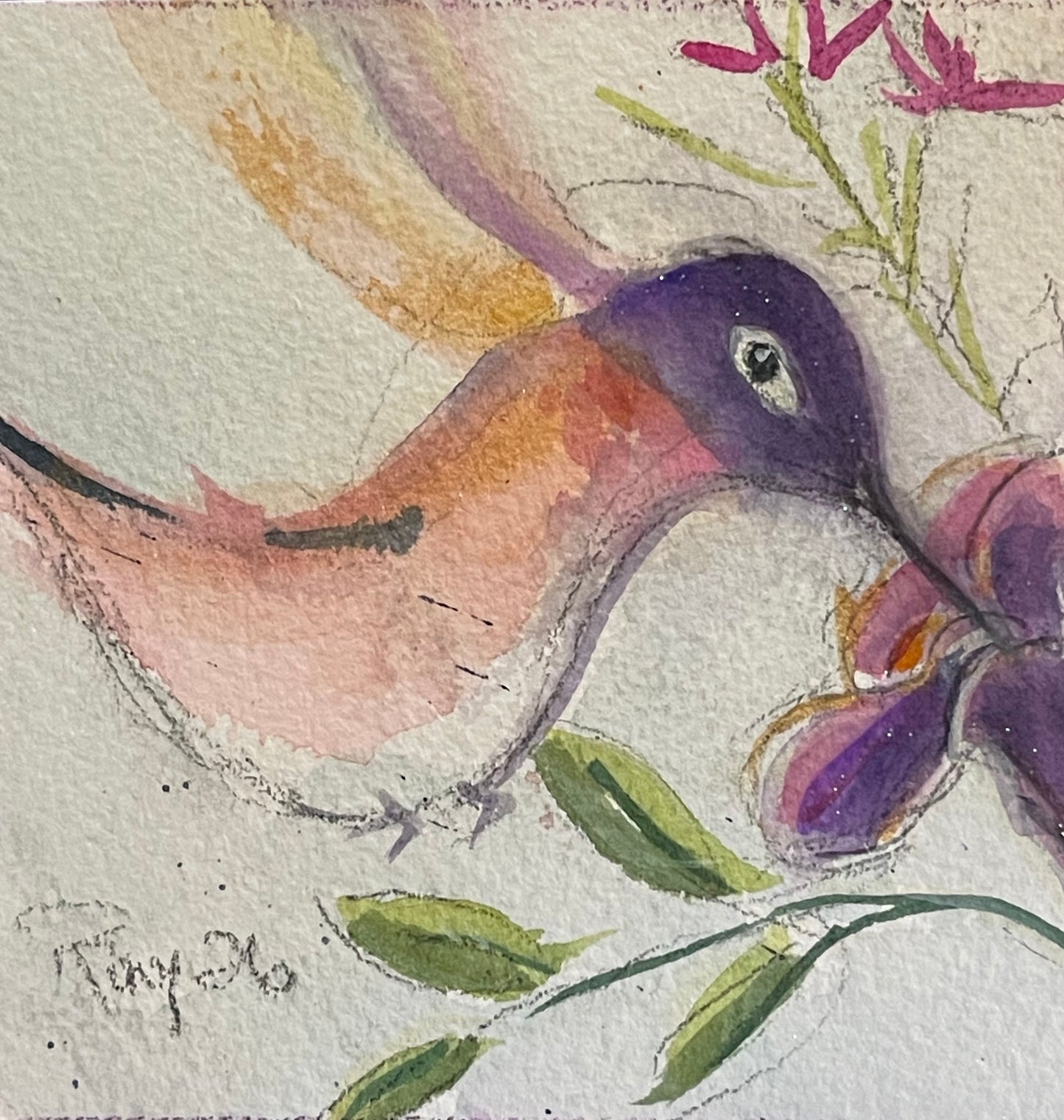 Lighter than Air Hummingbird-Original Watercolor Painting 4x4 Framed