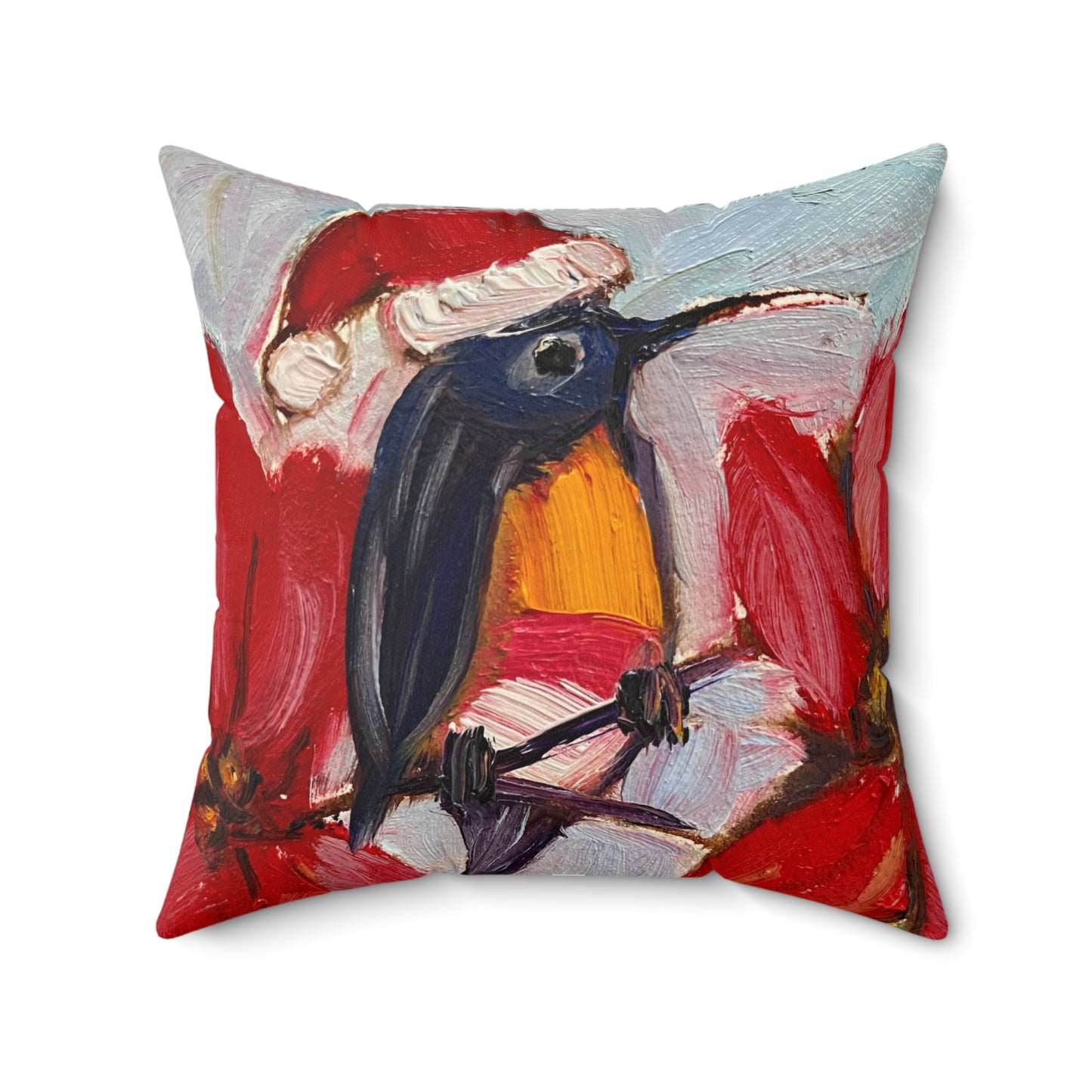 Holiday Hummingbird (Hummingbird with Poinsettias) Indoor Spun Polyester Square Pillow
