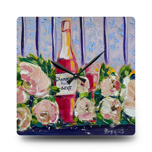 Champagne rose et pivoines - Horloge murale en acrylique 