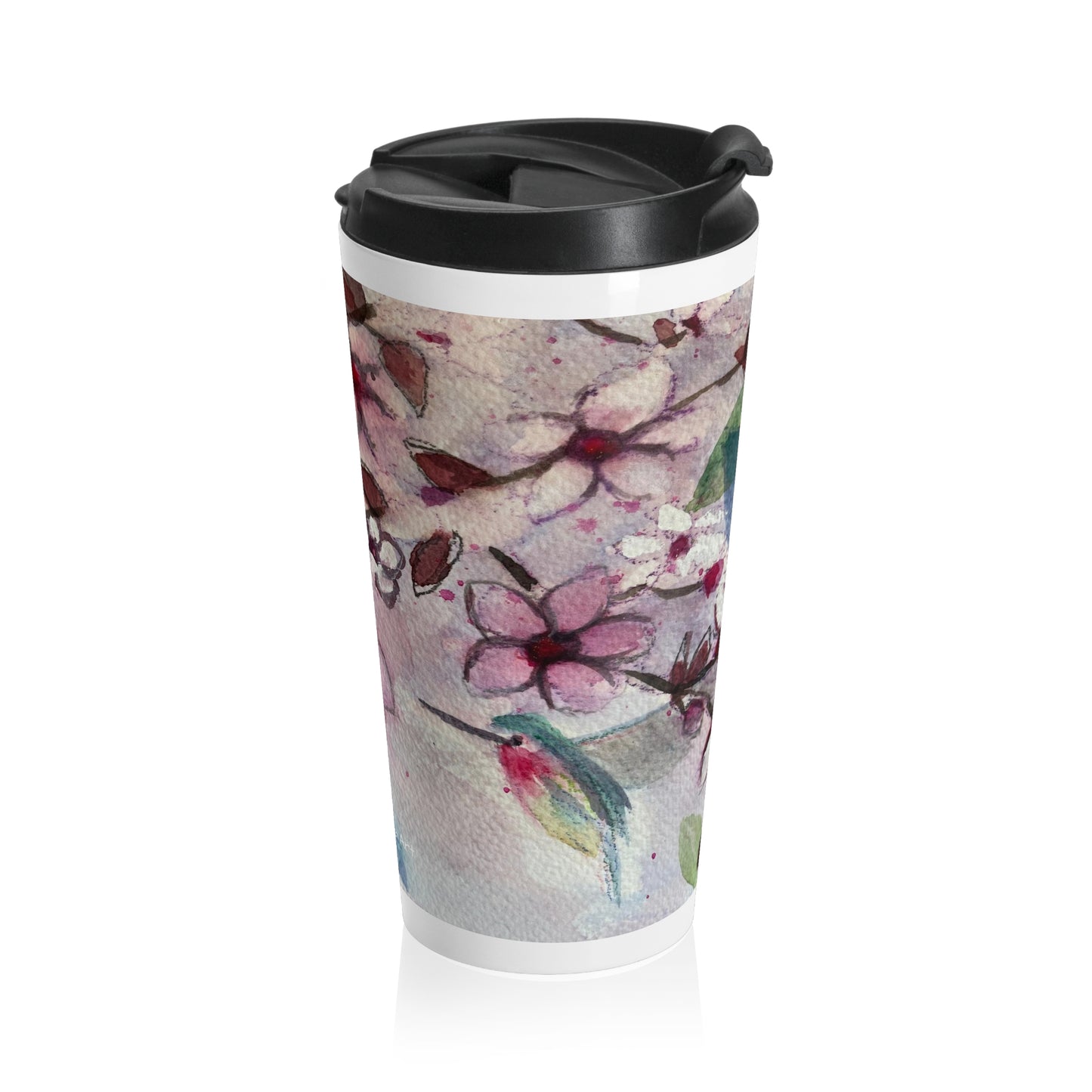 Tasse de voyage en acier inoxydable Colibri dans les fleurs de cerisier