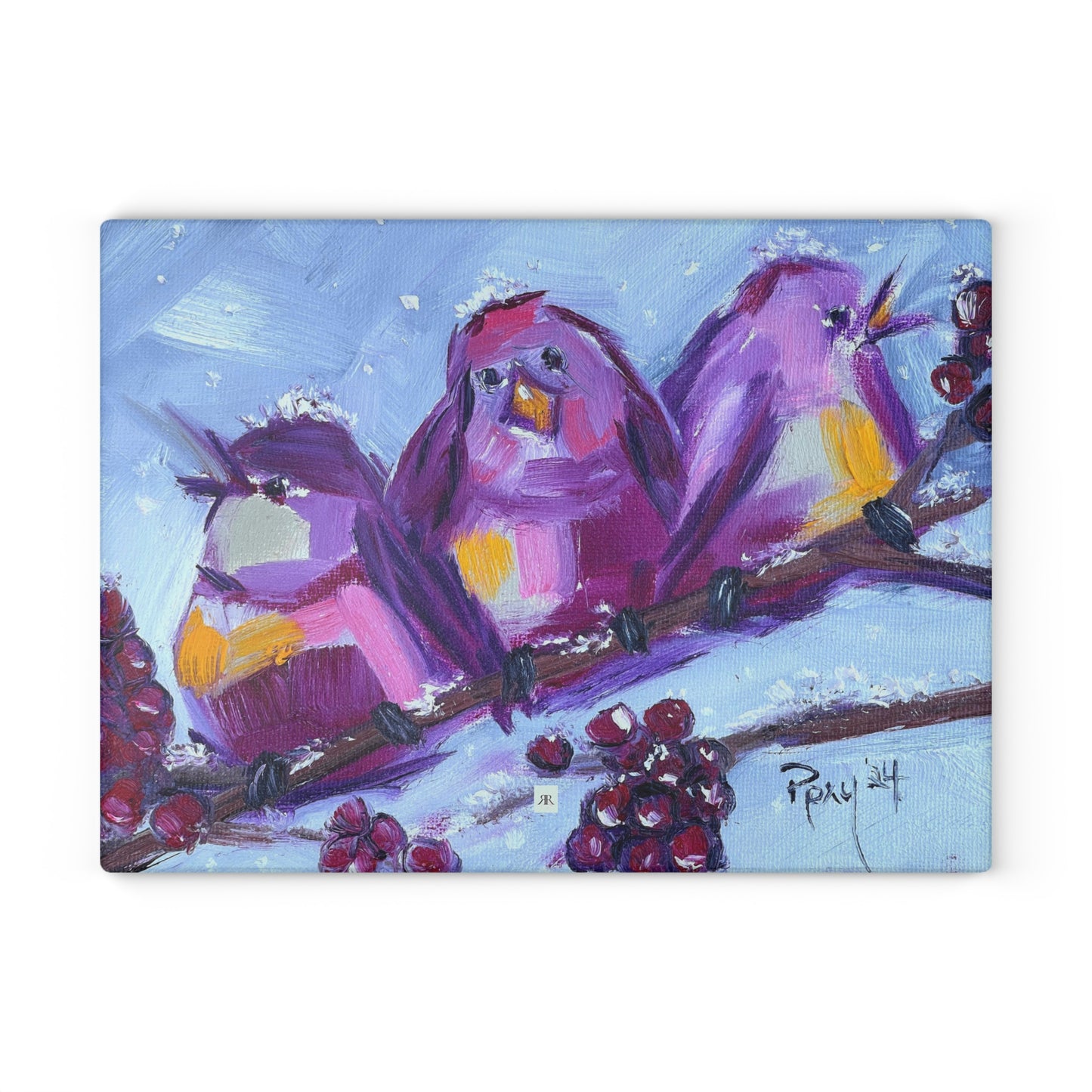 Glass Cutting Board-Whimsical Chirpy Birds Perched on a Snowy Branch with Berries