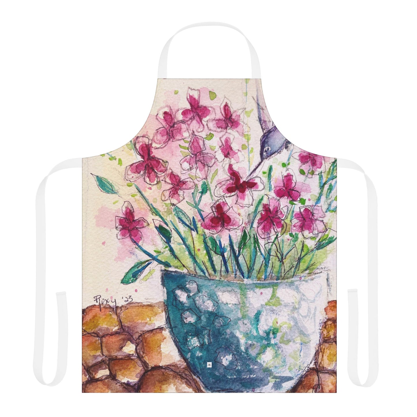 Whimsical Hummingbird in Salvia Blossoms Art Apron — "Choose Your Straps"
