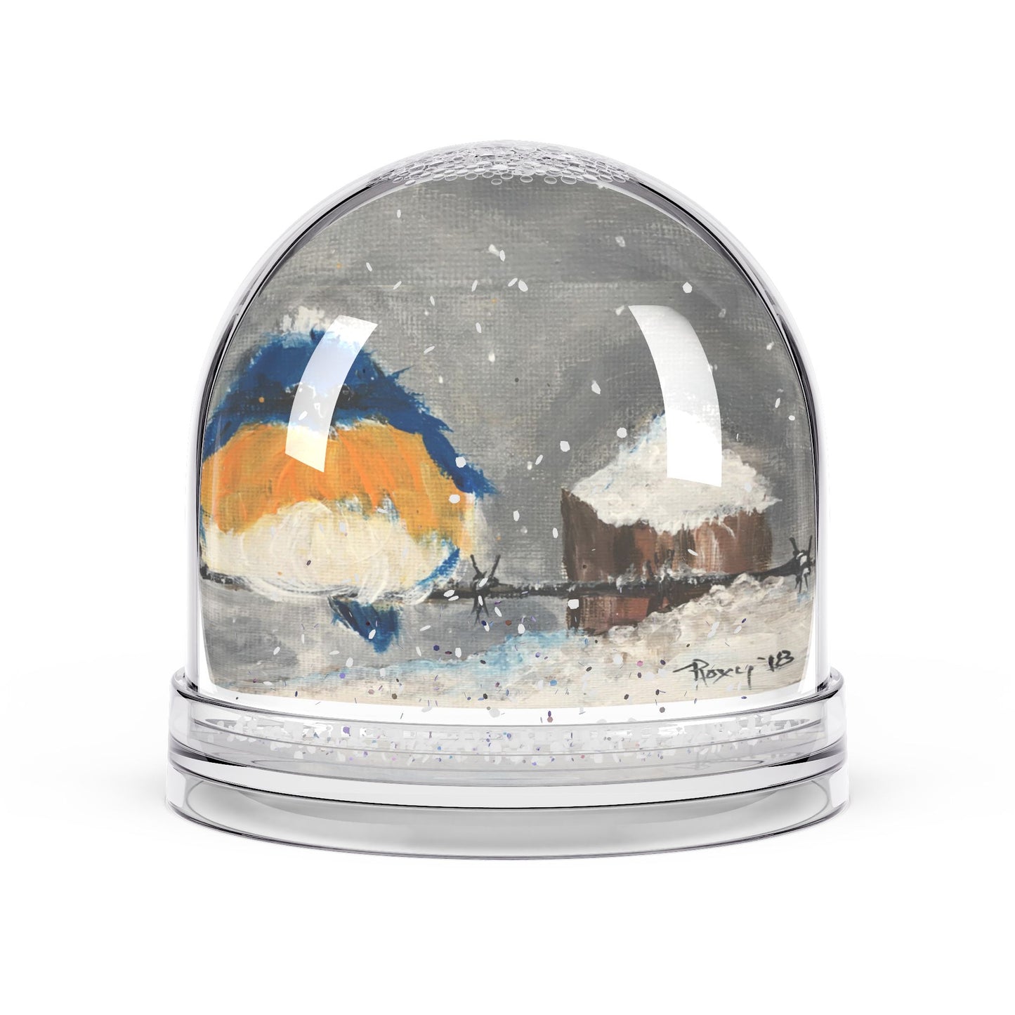 Snow Globe - Fluffy Fat Bluebird perched on Barbed Wire