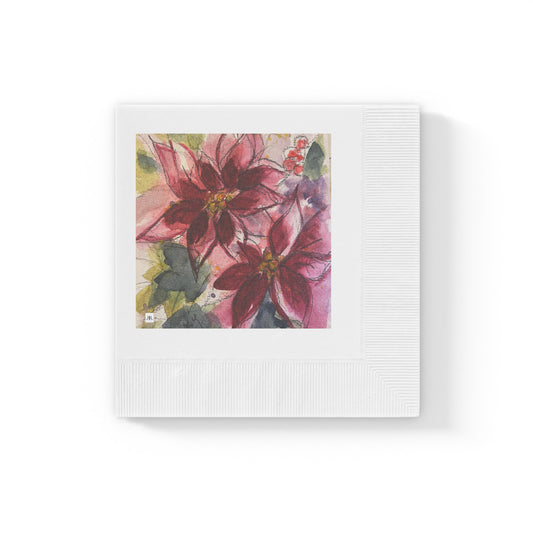 Red Poinsettias-White Coined Napkins