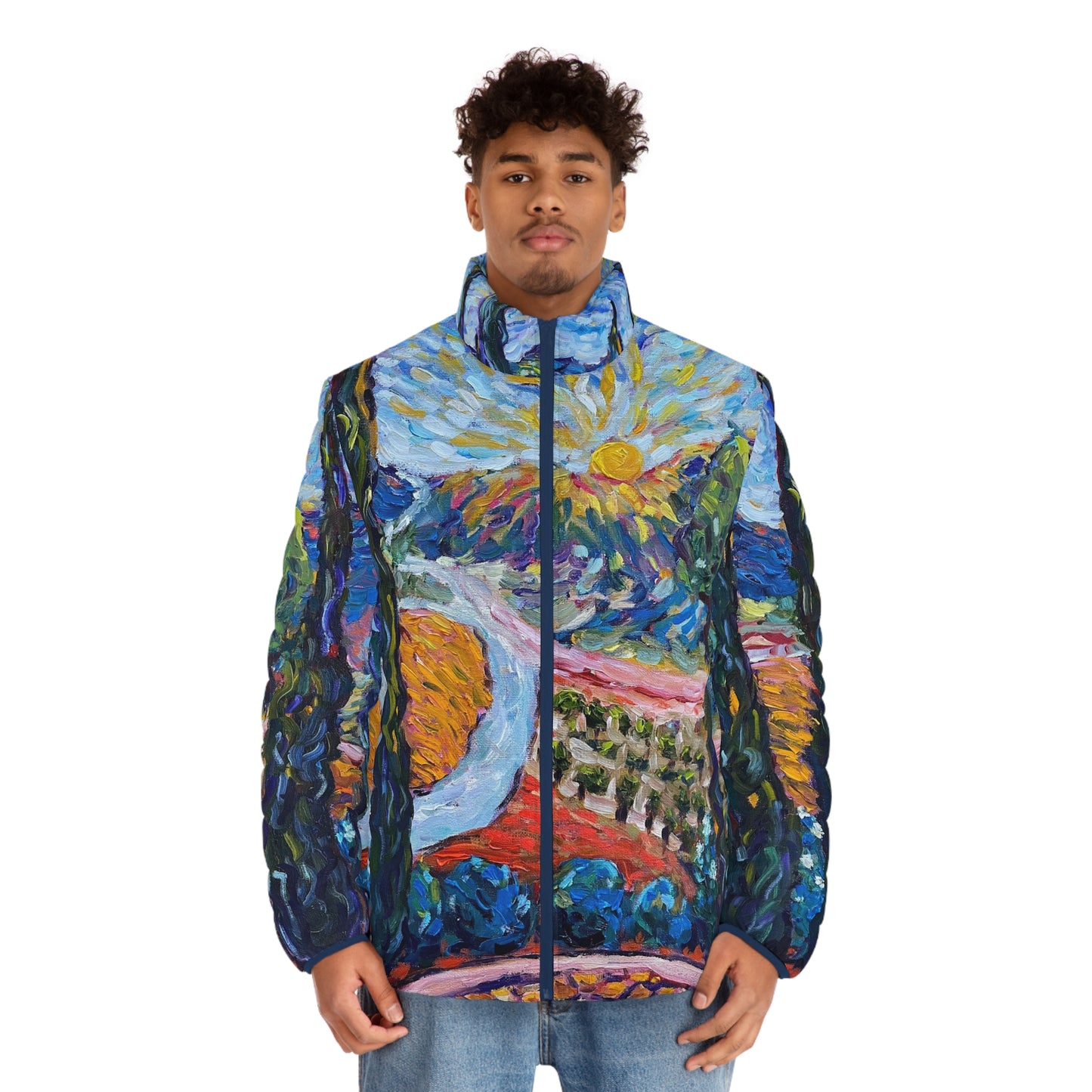 Men's Puffer Jacket - Roxy Rich Art, Unique Bright Colors-Sunny Cypresses