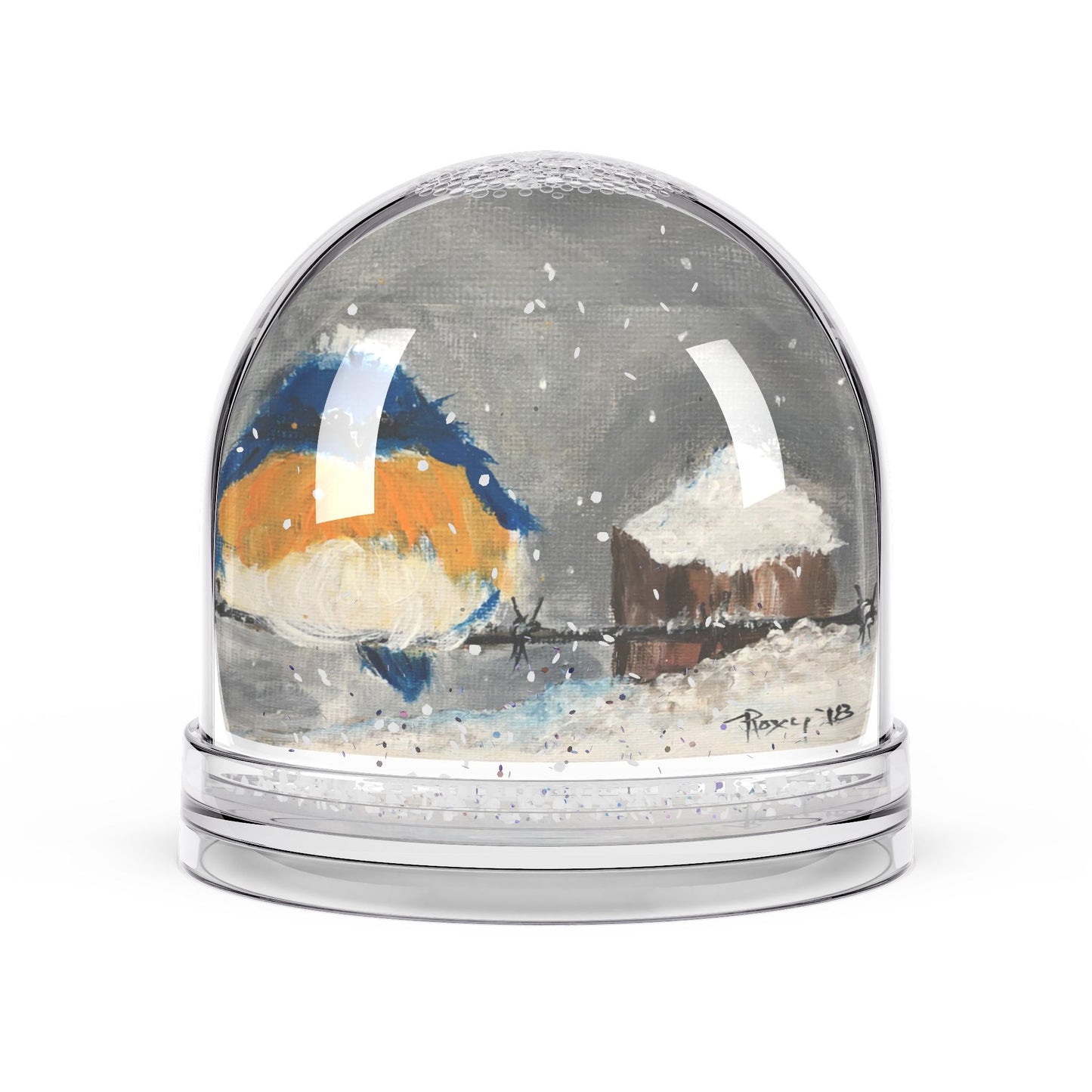 Snow Globe - Fluffy Fat Bluebird perched on Barbed Wire