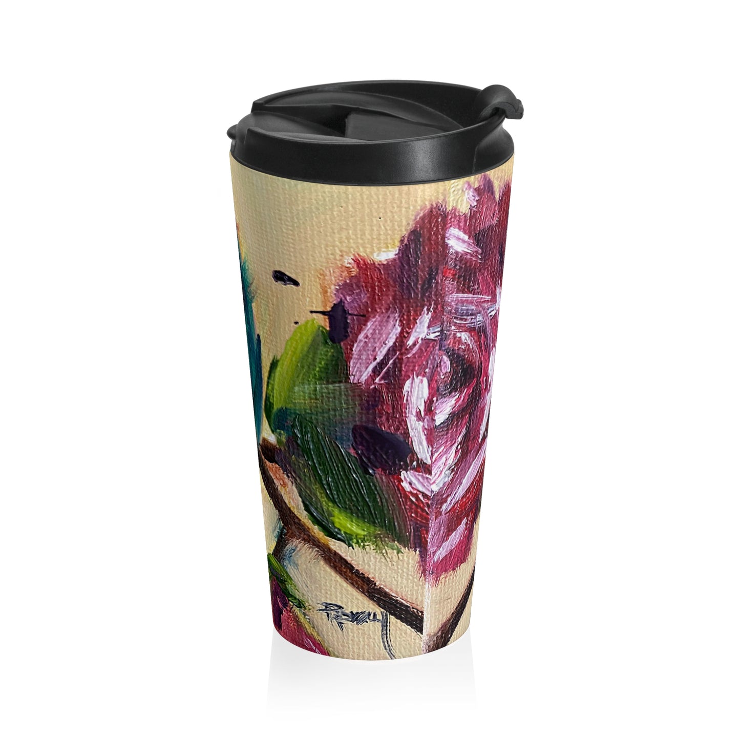 Taza de viaje de acero inoxidable Colibrí en un rosal