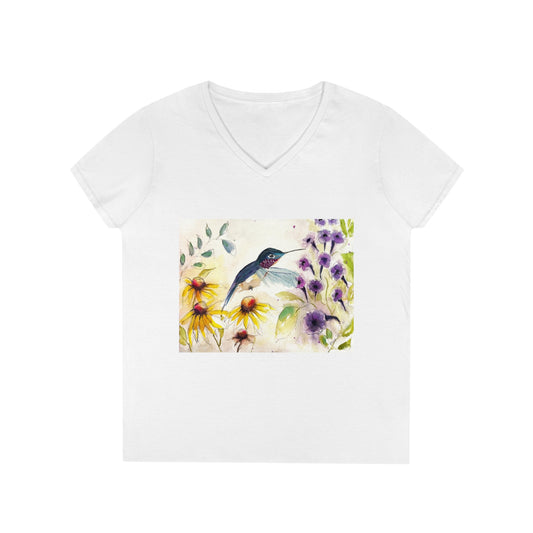 Camiseta de mujer con cuello en V Happy Hummingbird