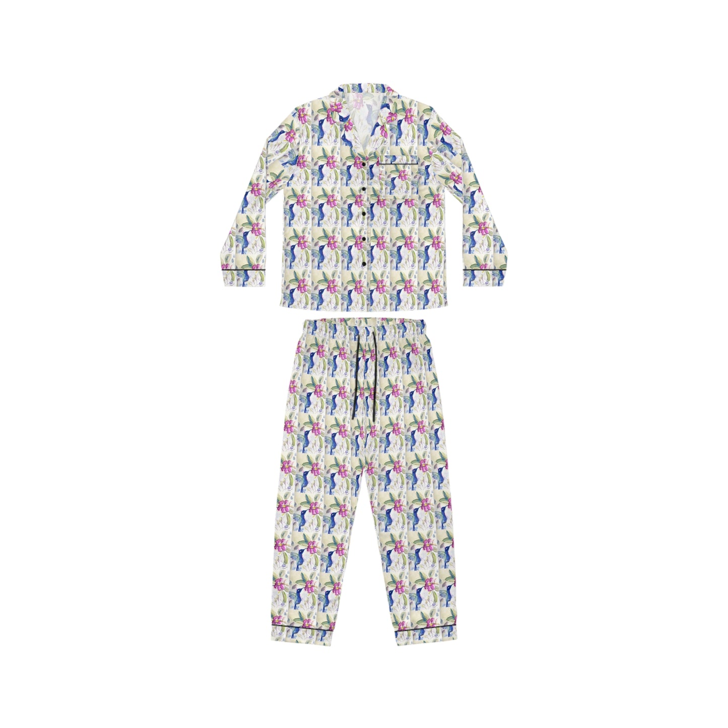 Satin Pajamas — Luxurious Silky Sleepwear Set- Hummingbird in Spring