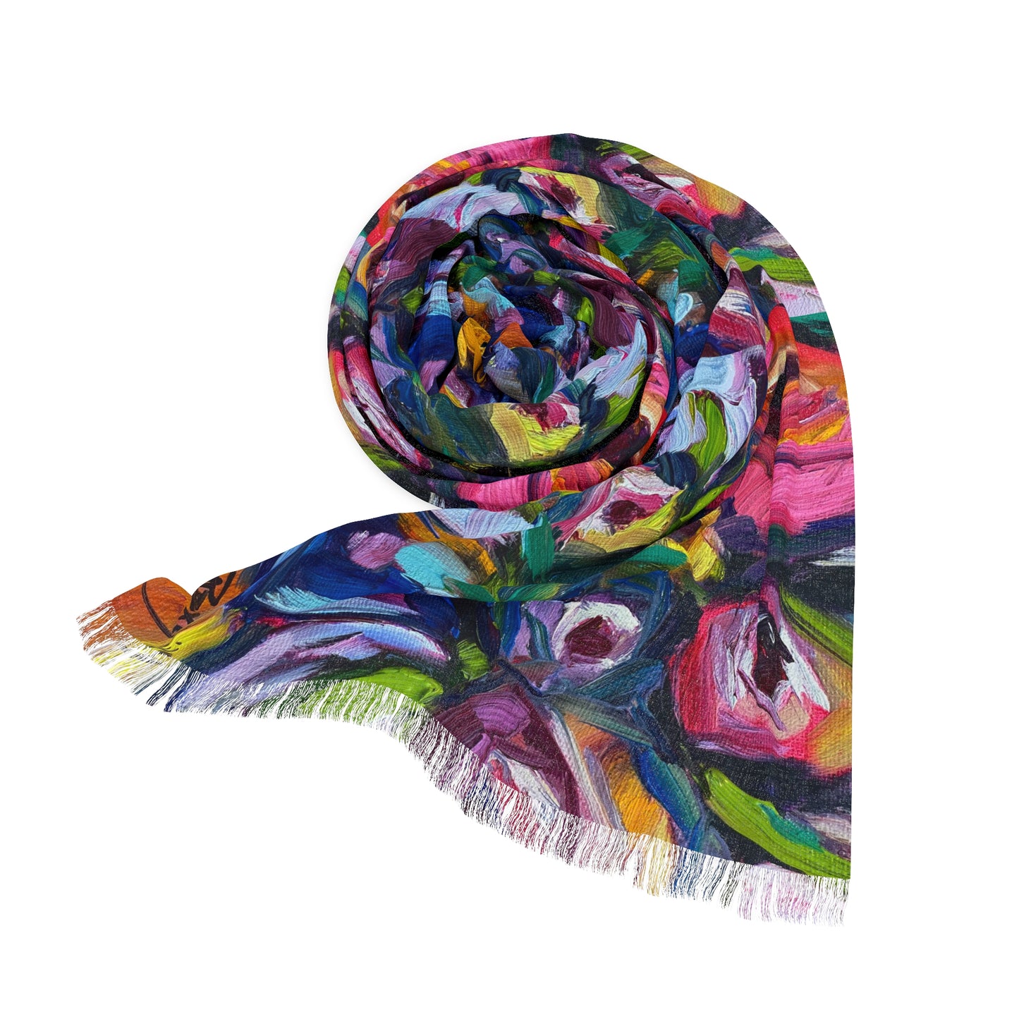Colorful Scarf — Artistic Lightweight Neck Wrap- Roses and Tit Bird
