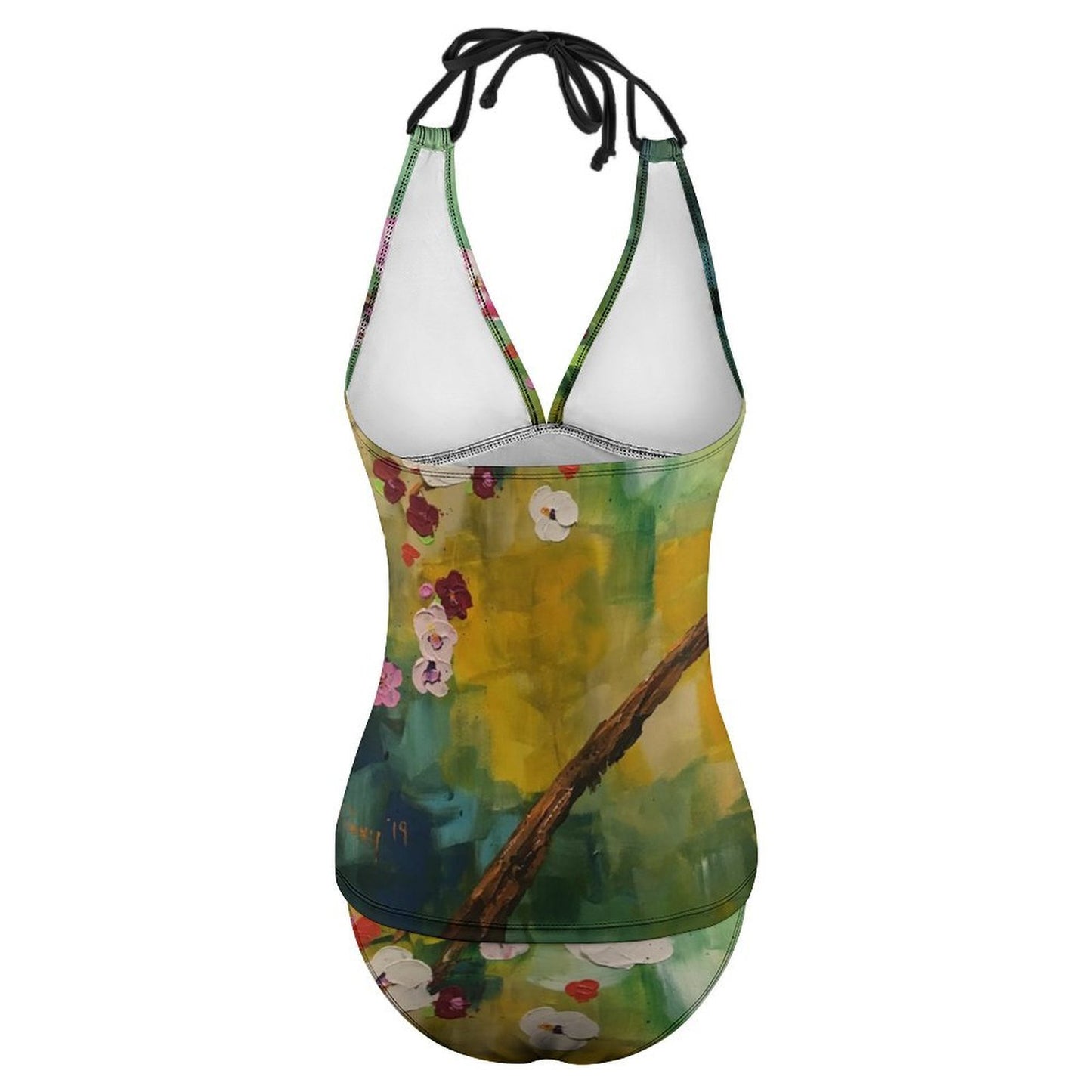 Abstract Cherry Blossoms Slim Fit Tankini Split Swimsuit