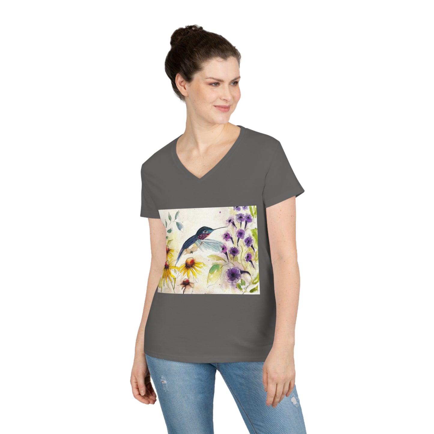 Happy Hummingbird Ladies' V-Neck T-Shirt
