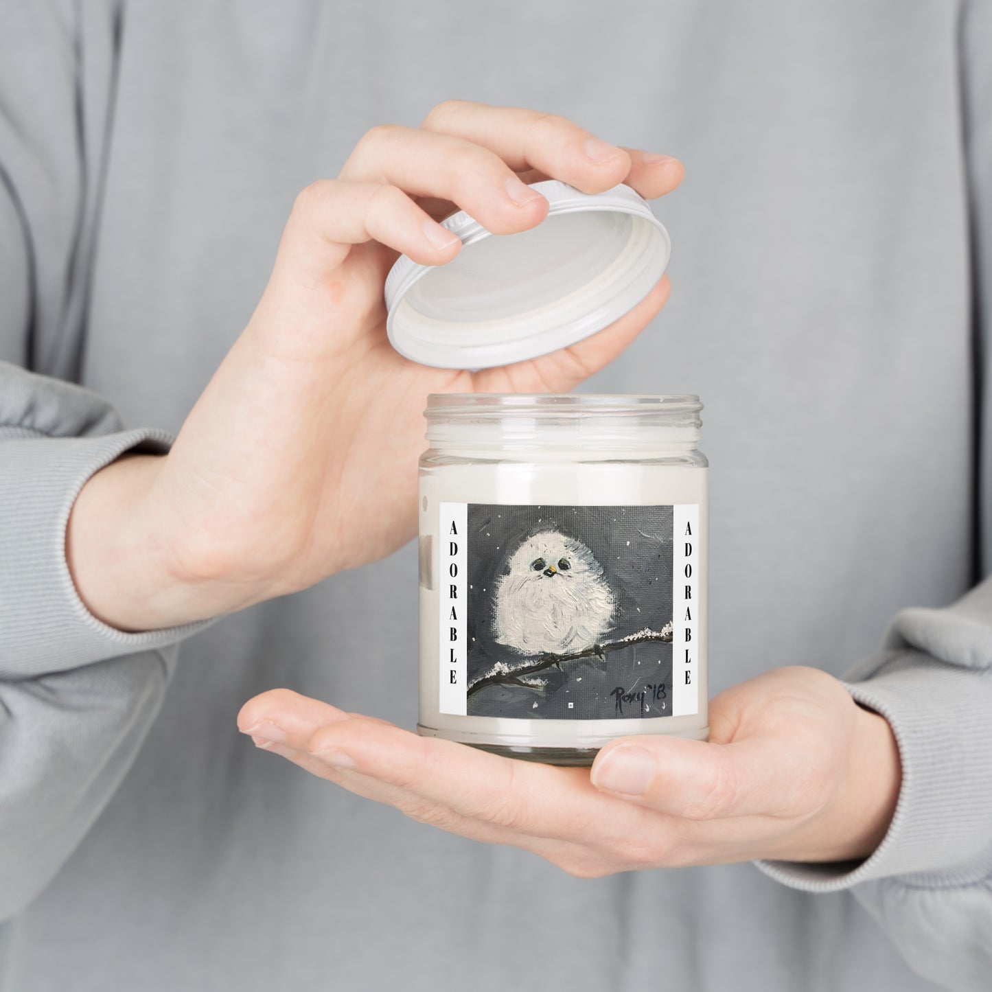 Scented Candles, 9oz-Adorable Fluffy Baby Tit perched on a Snowy Branch
