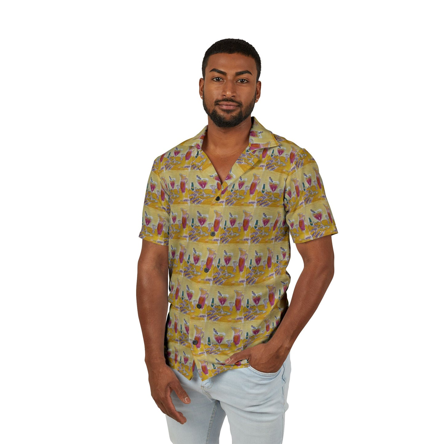 Men's European Fit Hawaiian Camp Shirt -Prosecco and Lavender Cocktails