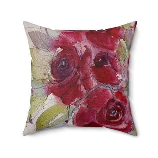 Almohada cuadrada de poliéster hilado para interiores con rosas rojas