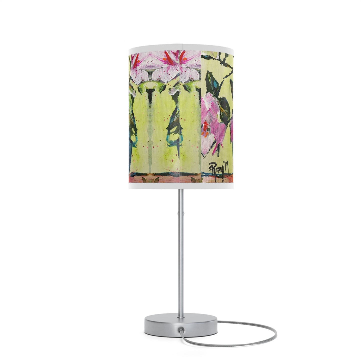 Pink Gardenias in a Blue Vase Lamp on a Stand, US|CA plug