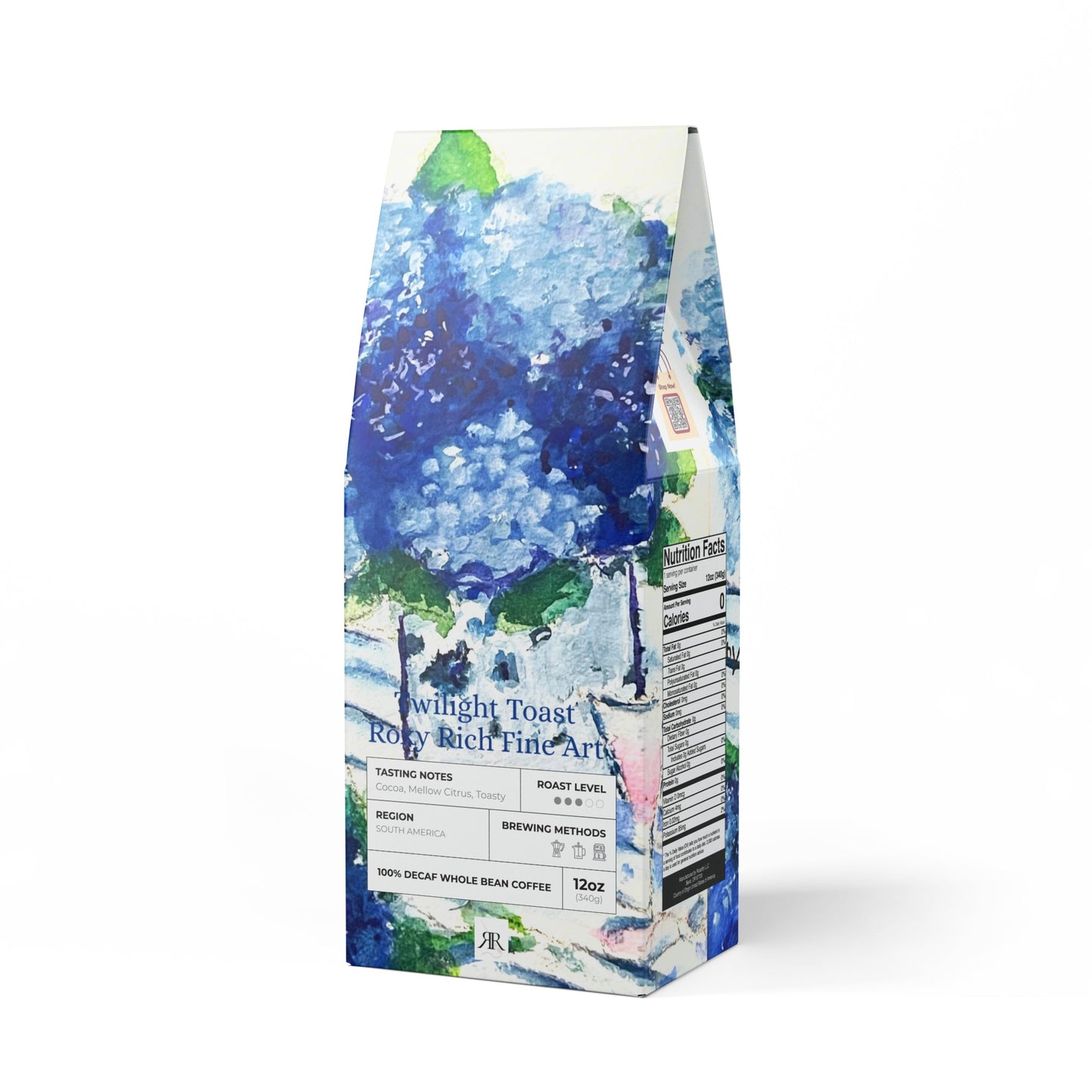 Hortensias azules, tostadas crepusculares, mezcla de café descafeinado
