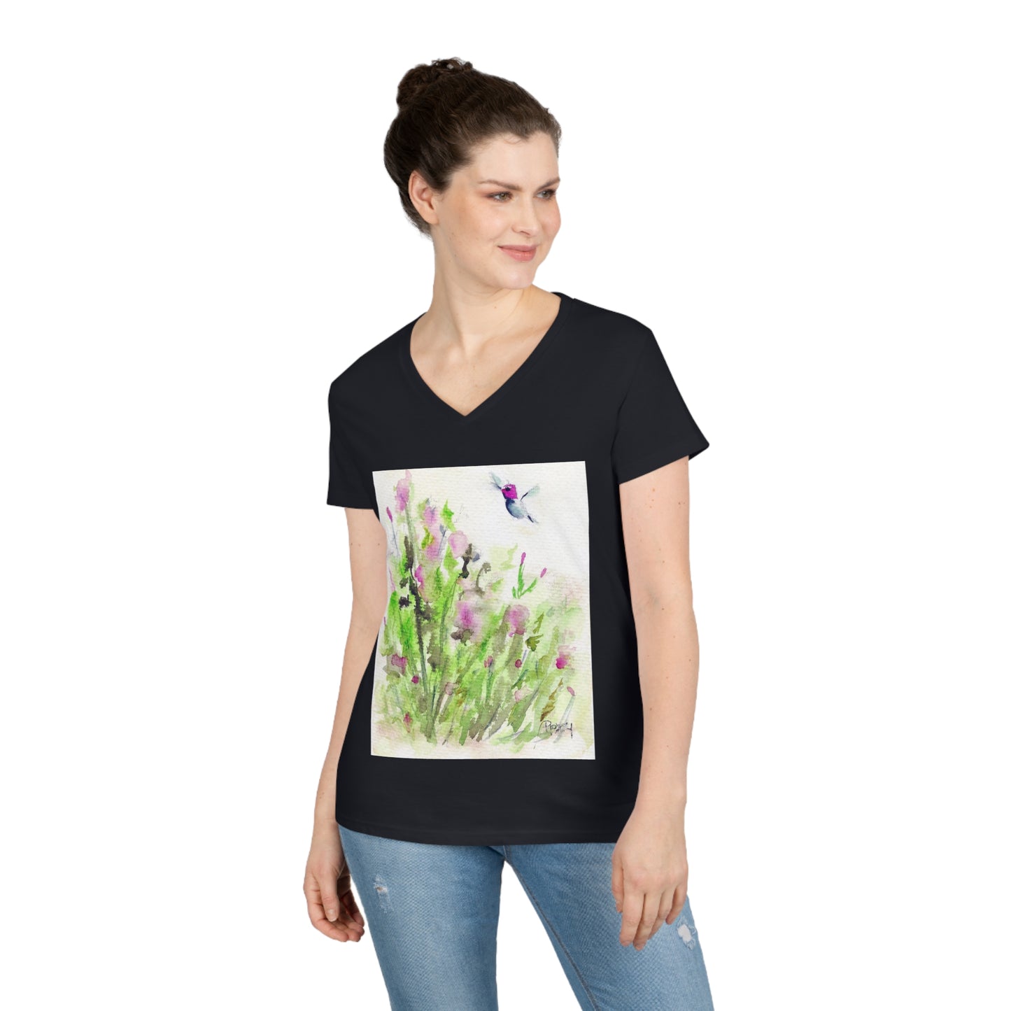 Camiseta con cuello en V Mujer Colibrí en la Salvia