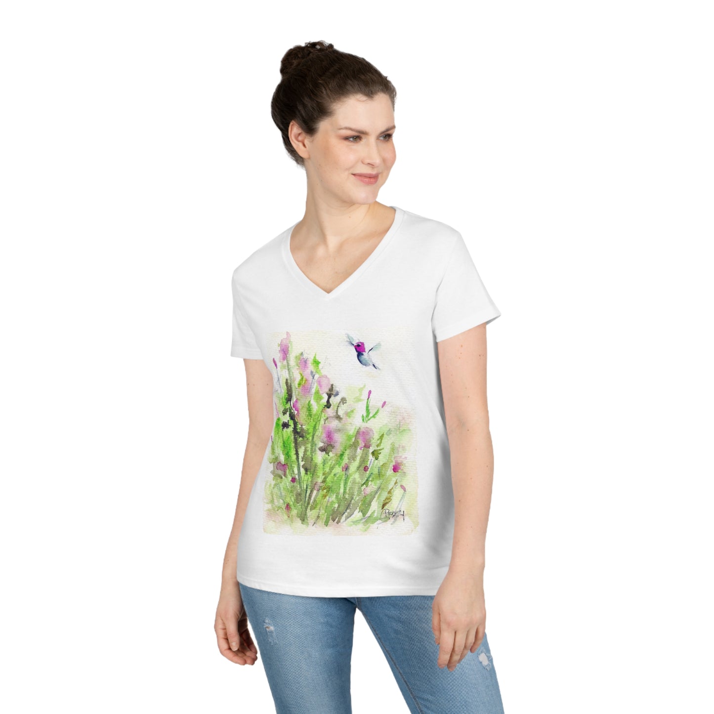 Camiseta con cuello en V Mujer Colibrí en la Salvia