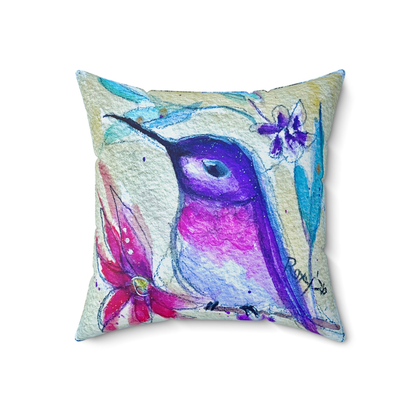Purple Perch Hummingbird  Throw Pillow — Bright Colorful Accent Pillow