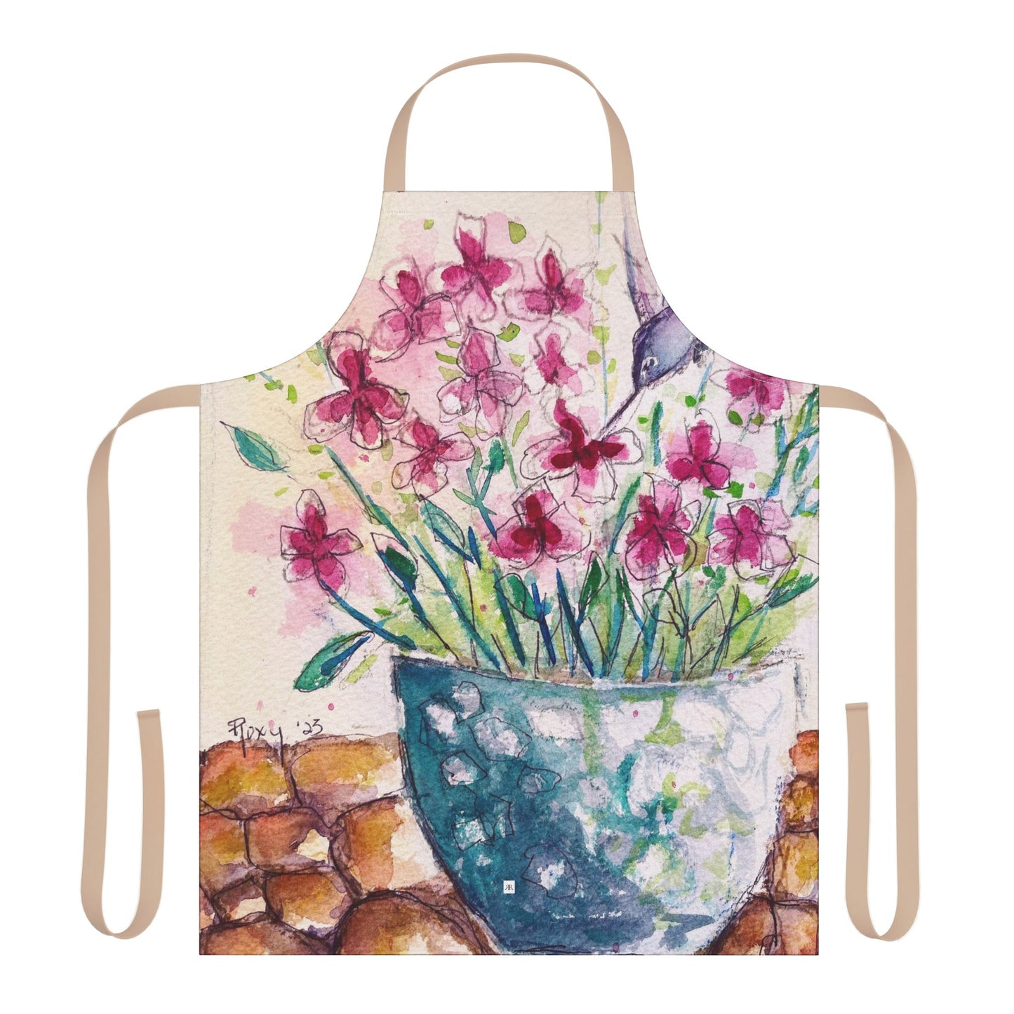 Whimsical Hummingbird in Salvia Blossoms Art Apron — "Choose Your Straps"