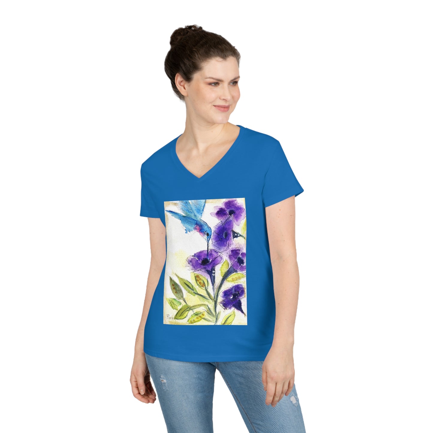 Camiseta con cuello en V para mujer Colibrí con flores de tubo moradas
