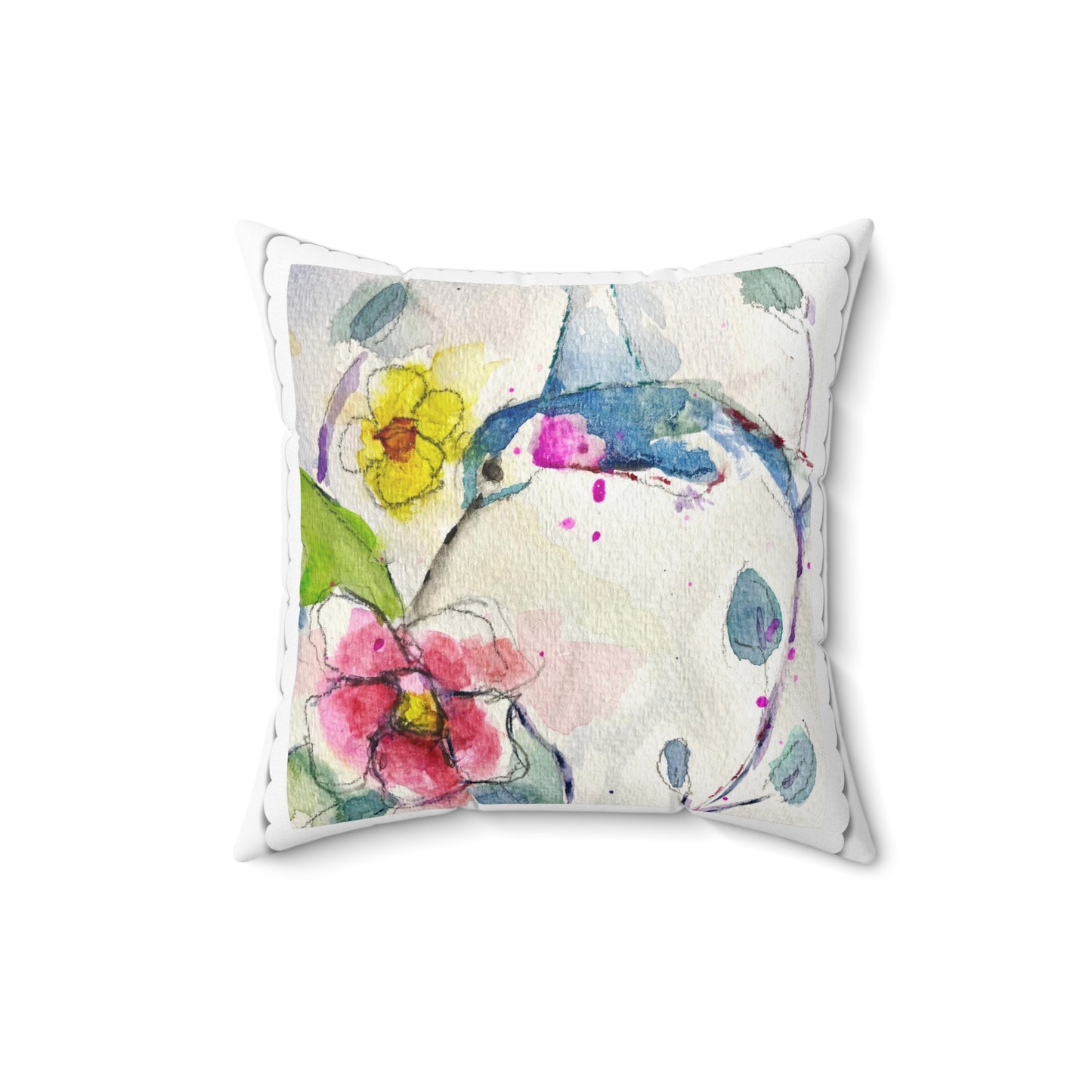 Floaty Loose Floral Hummingbird Indoor Spun Polyester Square Pillow