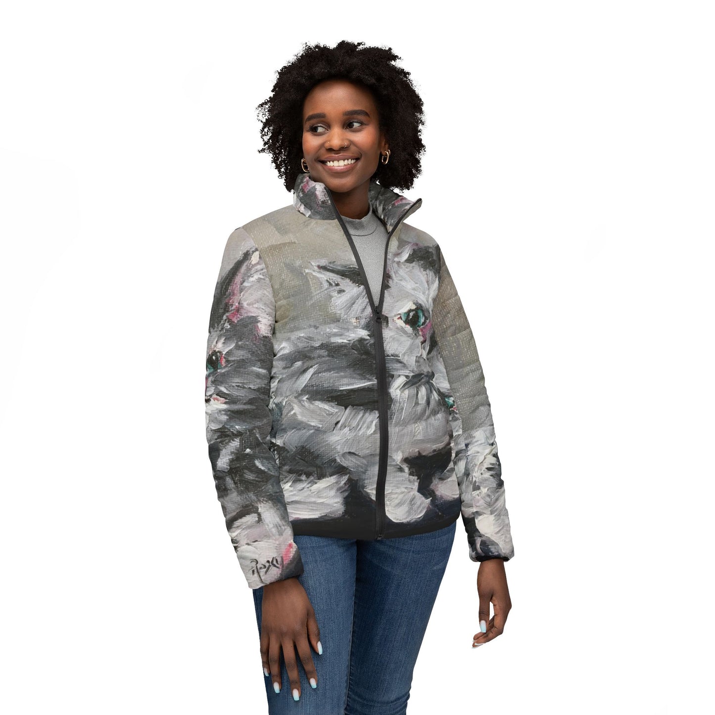 Women's Puffer Jacket - Roxy Rich Fine Art -Babe Fluffy Persian Cat