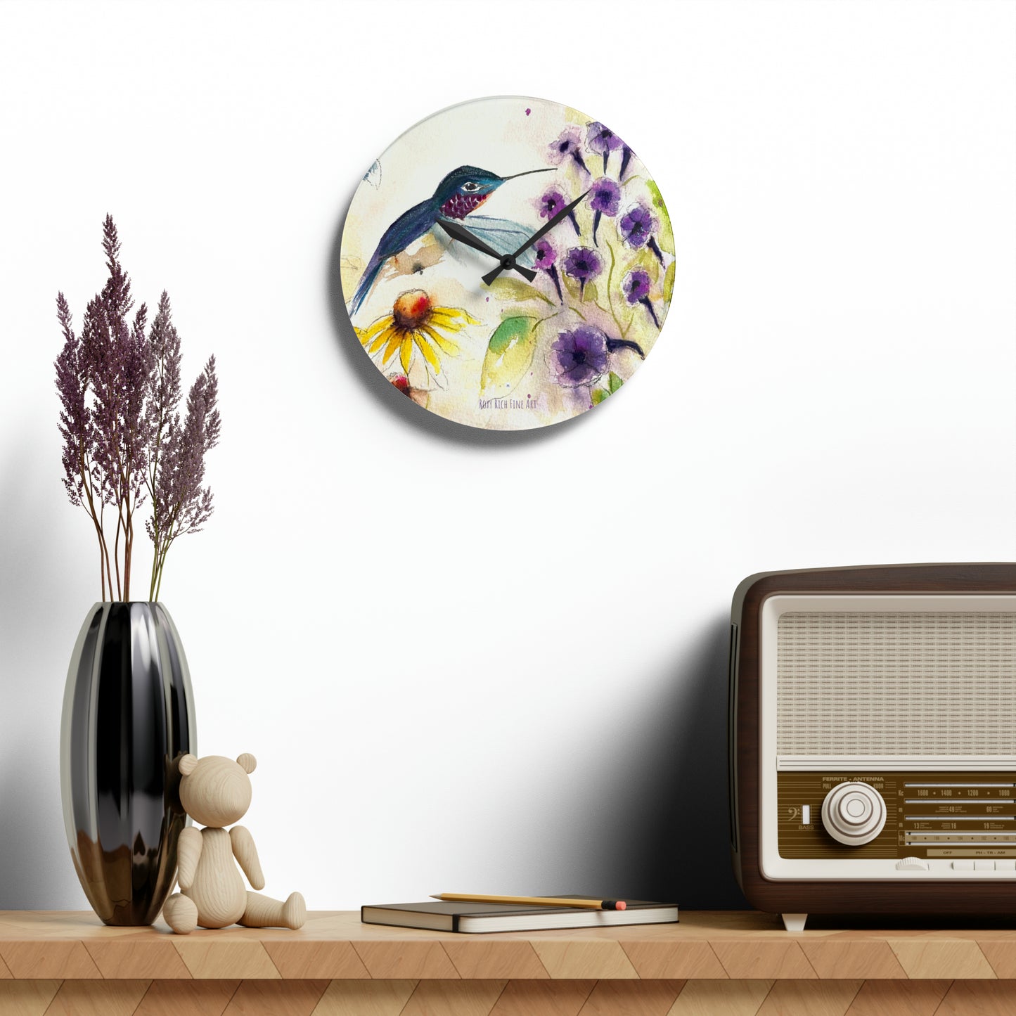Happy Hummingbird with Purple Trumpet Vine Bush Acrylic Wall Clock