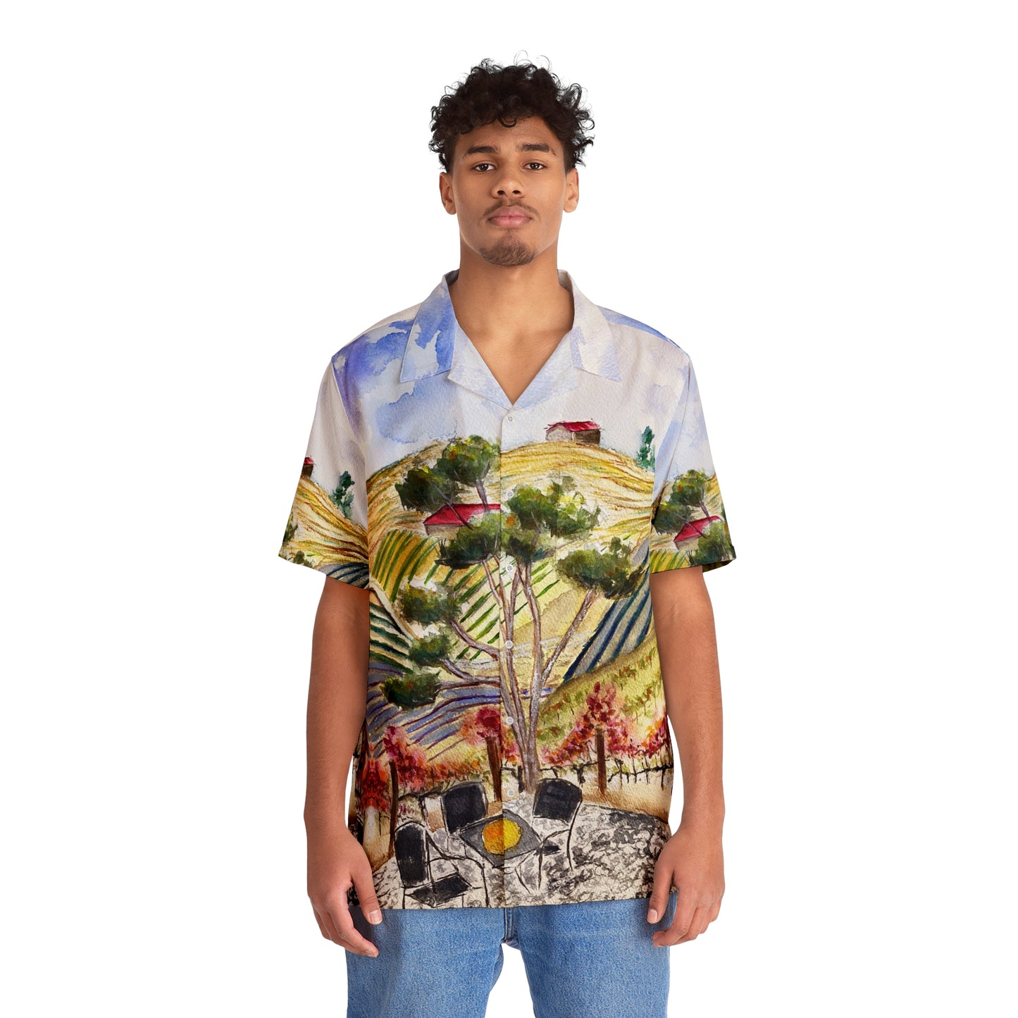 Vista al patio en Gershon Bachus Vintners GBV Camisa hawaiana para hombre