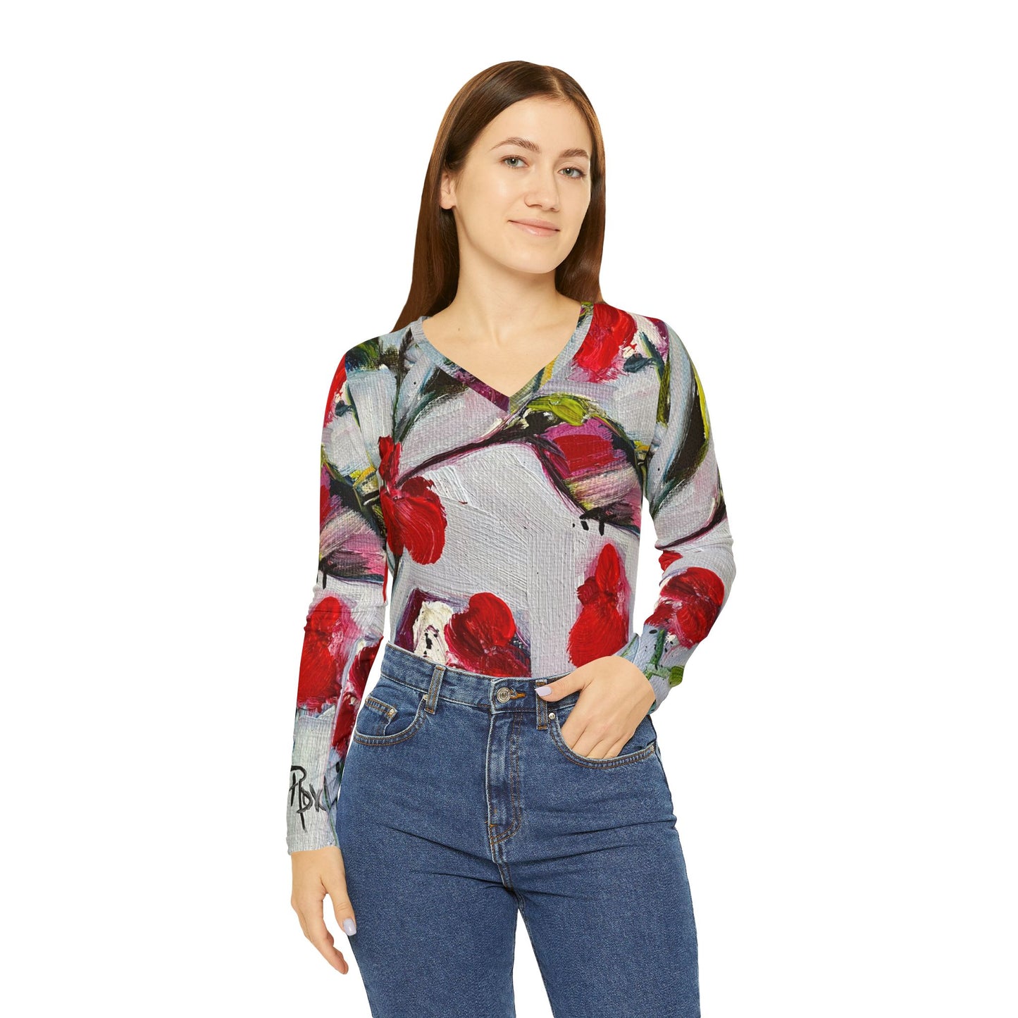 Long Sleeve Shirt-Hot lips Hummingbird- V-neck Women's