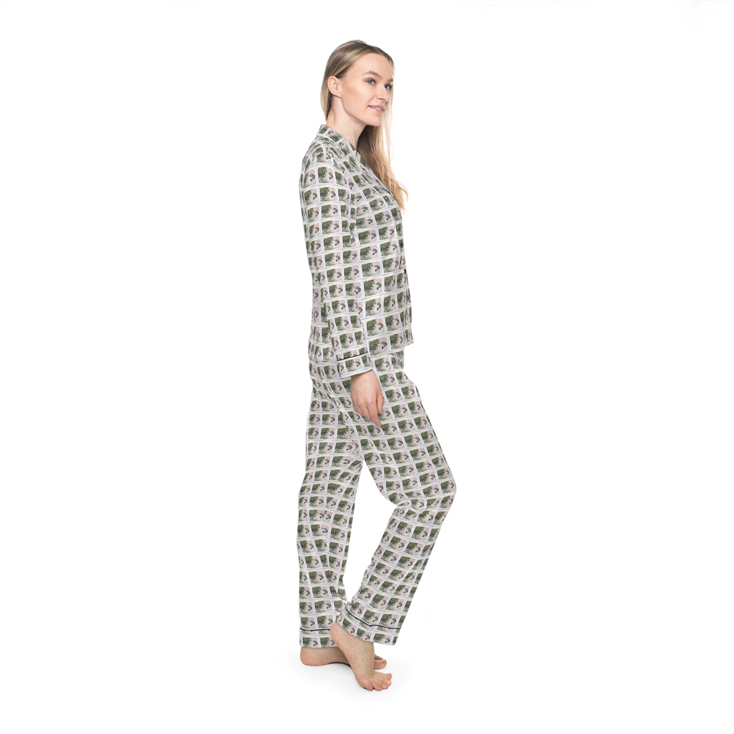 Satin Pajamas — Luxurious Silky Sleepwear Set-Hummingbird with Fuchsias